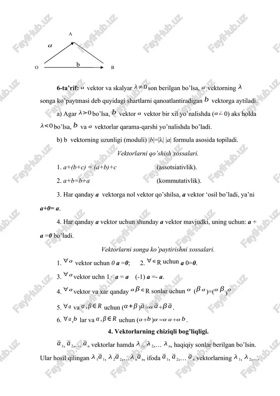 quyidagi ko’rinishda bo’ladi: 10-ta’rif:. fazodagi bazis deb, undagi xar qanday uchta komplanar bo’lmagan, ya’ni chiziqli bog’liqsiz bo’lgan vektorlarga aytiladi. 2-teorema:. fazodagi biror vektorning bazislar orqali yoyilmasi yagona va u quyidagi ko’rinishda bo’ladi: =11+ 2 2+33 (2) endi dekart koordinata sistemasidagi bazis va ular bo’yicha vektorlarni yoyishni ko’raylik. dekart koordinata sistemasida ox, oy, oz o’qlar yo’nalishida mos ravishda uzunliklari birga teng bo’lgan vektorlarni ||=||=||=1 olaylik. uzunliklari birga teng bo’lgan vektorlarga birlik vektor yoki ort deyiladi. bu vektorlar o’zaro perpendikulyar bo’lib komplanar bo’lmagani uchun, ya’ni chiziqli bog’liqsiz vektorlar bo’lgani uchun bazislarni tashkil qiladi. shuning uchun ularga dekart ortogonal bazislar deyiladi. t a ' r i f: va vektorlarning skalyar kopaytmasi deb yoki (, ) kabi belgilanadigan va = sos (1) formula bilan aniqlanadigan songa aytiladi. bu erda orkali va vektorlar orasida burchak belgilangan. bu erda va vektorlarning (1) formula orqali kopaytirilganda son, ya'ni skalyar kattalik hosil boladi va shu sababli vektorlarning skalyar …