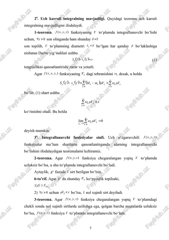 amiz: , . natijada bo‘ladi. keyingi integralni hisoblaymiz: . demak, . ► 4-misol. ushbu integral hisoblansinki, bunda – quyidagi shardan iborat. ◄ bu intervalda , , almashtirish bajaramiz. u holda , bo‘lib, bo‘ladi. natijada berilgan integral ko‘rinishga keladi. keyingi integralni hisoblaymiz: . demak, . ► 70. uch karrali integrallarning ba’zi tadbiqlari. uch kar​rali integral yordamida fazodagi jismlarning xajmini, mas​sali jismning massasini, og‘irlik markazini, inersiya moment​larini topish mumkin. mashqlar 1. ushbu integral hisoblansin, bunda – fazodagi quyidagi , sirtlar bilan chegaralangan jism (to‘plam). 2. sferik koordinatalarga o‘tib, ushbu integral hisoblansin, bunda – fazodagi quyidagi sirt bilan chegaralangan jism (to‘plam). adabiyotlar ruyxati. 1. piskunov n.s. “differensial va integral xisob”, 2- tom, t.. “ukituvchi”, 1974. 2. soatov yo. u. “oliy matematika”, 1-jild, t. “ukituvchi”, 1994 3. smirnov v.i. “kurs visshey matematiki”. m. “nauka”, 1974, t.2. 4. yefimov a.v. . zolotarev yu.g. , terpigoreva v.m. “matematicheskiy analiz” (spesialnie razdeli) m. “visshaya shkola”, 1980, ch.2 …