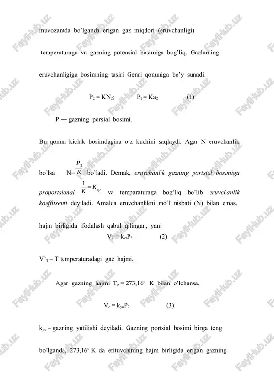 gi uch holat kuzatilada: 1)suyuqliklar o’zaro istalgan nisbatda aralashadi (masalan, suv bilan spirt); 2)suyuqliklar o’zaro ma’lum chegaradagina aralashadi (masalan, suv bilan fenol); 3)suyuqliklar o’zaro aralashmaydi (masalan, suv bilan simob) . shuni ham aytish kerakki, bir birida mutlaqo erimaydigan suyuqliklar bo’lmadi, bir suyuqlik ikkinchi suyuqlikda ozgina bo’lsa ham eriydi. bir-birida ma’lum chegarada eriydigan suyuqliklar bilan tanishaylik; masalan , amil sprtga suv aralashtirsan, aralashma tinigandan keyin , idishda ustma-ust ikki qavat hosil bo’ladi. ustki qavat suvning amil spirtdagi to’yingan eritmasi, pastgi qavat amil spirtning suvdagi to’yingan eritmasidir. o’zaro ma’lum chegaragacha eriydigan suyuqliklarning eruvchanligi temperaturaning o’zgarishi bilan o’zgaradi va ba’zan yuqoriroq temperaturada ikki suyuqlik o’zaro cheksiz eriy boshlaydi. bunga anilin bilan suvni misol qilib olish mumkin. ozgina anilinga suv qo’shilsa, anilin erib ketadi. agar anilin miqdori oshirilsa, aralashma tinigandan keyin , ustma-ust ikki qavat hosil bo’ladi; ustki qavat anilinning suvdagi eritmasi bo’lsa, pastki qavat suvning anilindagi eritmasi bo’ladi (b – jadvalda bu qavatlarning …
