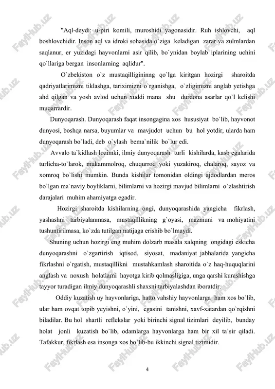 uqlarini anglash va noxush holatlarni hayotga kirib qolmasligiga, unga qarshi kurashishga tayyor turadigan ilmiy dunyoqarashli shaxsni tarbiyalashdan iboratdir. oddiy kuzatish uy hayvonlariga, hatto vahshiy hayvonlarga ham xos bo`lib, ular ham ovqat topib yeyishni, o`yini, egasini tanishni, xavf-xatardan qo`rqishni biladilar. bu hol shartli reflekslar yoki birinchi signal tizimlari deyilib, bunday holat jonli kuzatish bo`lib, odamlarga hayvonlarga ham bir xil ta`sir qiladi. tafakkur, fikrlash esa insonga xos bo`lib-bu ikkinchi signal tizimidir. aql har bir insonga xos tug`ma hususiyat bo`lib, miya sog` bo`lsa, aql ham yaxshi ishlaydi, aksincha miya kasallangan bo`lsa, aql past, zaif bo`lib, aqli rivojlanmagan odamning yoshi katta bo`lsa ham aqli yoshidan orqada qolib ketishi, tevarak-atrofni, dunyoni bilish, oldingi avlodlar tomonidan yaratilgan ilmlarni va mavjud bilimlarni o`zinikiga aylantirib o`zlashtira olishga qiynaladi. chunki ilm va bilim bir xil narsa emas. ilm mavjud bor, yaratilgan narsa, bilim esa kishi tomonidan bilib olinadigan, o`ziniki qilib olinadigan narsadir. aql, did va ilm nazariyaga; farosat, tamiz, …