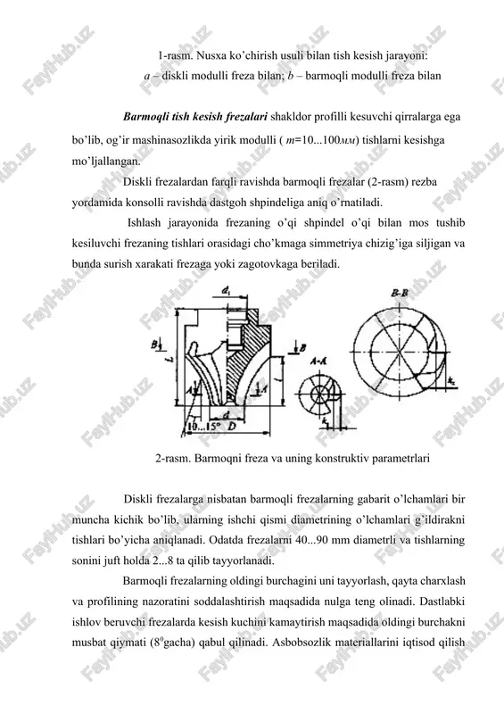 ktiv xarakatli yoki zagotovka bilan birikishda bo’lgan cheksiz reykali kesuvchi asbob hisoblanadi. tishli g’ildiraklarni frezalashni ushbu usuli o’zining universalligi, yuqori unumdorligi va aniqligi bilan keng qo’llaniladi. bunda ushbu modulli bitta freza bilan tishlarining soni turli bo’lgan g’ildiraklarni kesish mumkin. kesish jarayonining to’xtovsizligi uchun g’ildiraklarni qadami bo’yicha yuqori unumdorlik va aniqlikni ta’minlaydi. kesish jarayoni freza va zagotovkani o’z o’qi atrofida aylanishi va frezani surish xarakatini kesiladigan g’ildirak o’qi bo’ylab ta’minlaydigan maxsus tish frezalash dastgohlarida amalga oshiriladi. aniqligi bo’yicha chervyakli frezalar aaa va aa (pozitsion) a,v,s va d (umumiy vazifali) 5 – 9 kvalitet aniqligida ishlov beradigan qilib tayyorlanadi. bundan tashqari frezalar qo’yidagi turlarga bo’linadi: a) chervyakni kirimlari soni bo’yicha – bir va ko’p kirimli; b) o’ramlarning yo’nalishi bo’yicha – o’ng (to’g’ri tishli va o’ng kirimli g’ildiraklar) va chap (og’ma tishli g’ildiraklarning tishlarini kesish uchun); v) mahkamlash usuli bo’yicha – o’rnatiluvchi (nasadnaya) va quyruqli (chervyakli g’ildiraklar uchun); g) konstruktsiyasi bo’yicha – yaxlit …