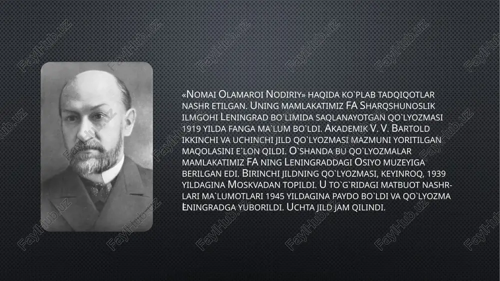 rdagi iqtisodiy, madaniy va siyosiy jarayonlarni batafsil tasvirlagan.asarlari va ahamiyatiuning eng mashhur asari – "voyages de monsieur chardin en perse et autres lieux de l’orient" ("janob shardenning eronga va sharqning boshqa joylariga sayohati") nomli kitobidir.ushbu kitobda u erondagi safaviylar sulolasi haqida, shuningdek, o‘rta osiyo bilan savdo aloqalari, yo‘llar, urf-odatlar va mahalliy xalq hayoti haqida ma’lumotlar bergan.asar o‘sha davrdagi yevropa olimlari uchun sharq haqida eng to‘liq manbalardan biri bo‘lib xizmat qilgan.o‘rta osiyo tarixi bilan bog‘liq ma’lumotlarshardenning yozuvlarida buyuk ipak yo‘li, undagi karvon savdosi va savdogarlar faoliyati haqida tafsilotlar mavjud.u o‘rta osiyoning eronga yaqin hududlari, jumladan, xiva, buxoro va qo‘qon xonliklarining iqtisodiy hayoti va siyosiy vaziyati haqida ba’zi ma’lumotlarni bergan. vasiliy bartold (1869-1930) vasily bartold (1869–1930) – mashhur rus sharqshunosi bo‘lib, u o‘rta osiyo tarixi haqida “turkiston arablar istilosigacha” va boshqa ko‘plab ilmiy asarlar yozgan. bartoldning o‘rta osiyo bo‘yicha asosiy asarlari “turkiston arablar istilosigacha” (1900) bartoldning eng mashhur asarlaridan biri bo‘lib, unda …