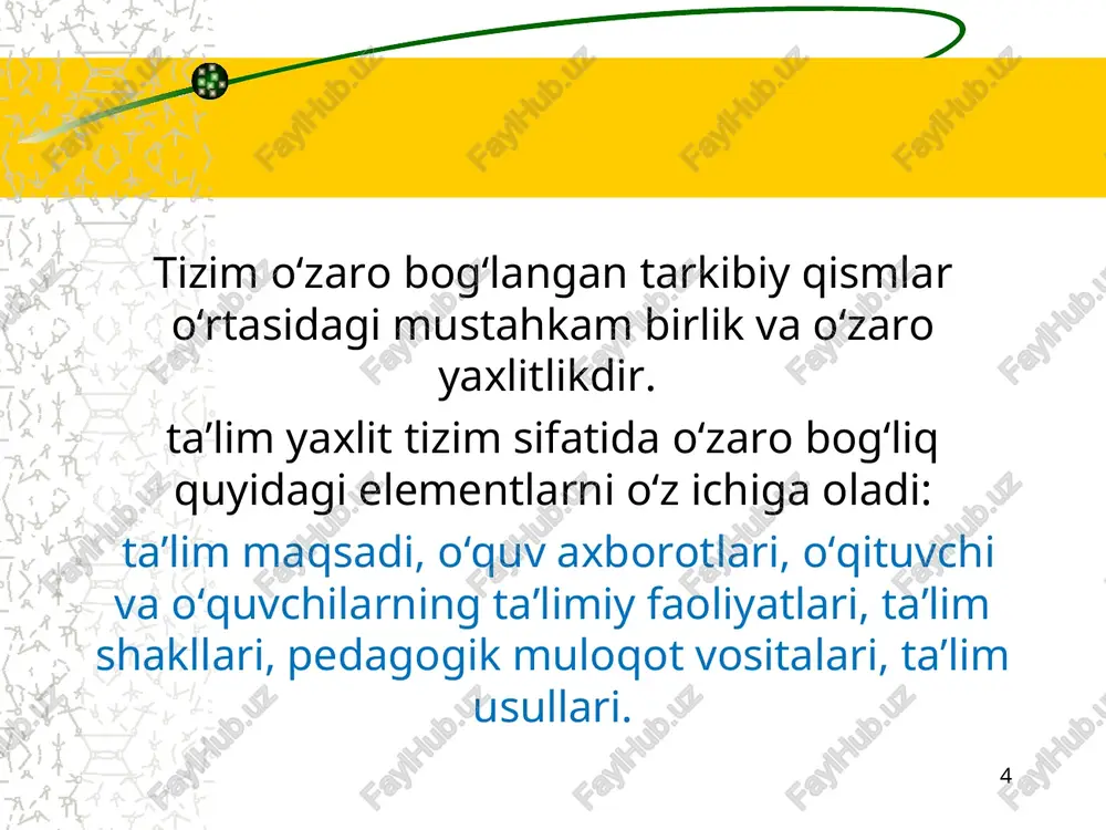 agi bloklar nomi: gumanitar va ijtimoiy-iqtisodiy fanlar matematik va tabiiy ilmiy fanlar umumkasbiy fanlar ixtisoslik fanlari qo‘shimcha fanlar bloki * fan dasturi me’yoriy hujjat sifatida oliy ta’lim muassasalarida ta’lim faoliyatining asosi bo‘lib hisoblanadi. unda o‘quv fanlari bo‘yicha talabalar tomonidan o‘zlashtiriladigan asosiy bilim va zaruriy ko‘nikmalar nazarda tutiladi. * namunaviy o‘quv dasturi quyidagilarni o‘z ichiga oladi: kirish asosiy qism amaliy mashg‘ulot mavzulari seminar mavzulari mustaqil ta’lim mavzulari tavsiya etiladigan darsliklar va o‘quv qo‘llanmalar ro‘yxati. davlat ta’lim standartlari talablaridan kelib chiqib, ma’lum fanlardan chizma-hisob, kurs ishlari, loyihalari va ularning mavzu va yo‘nalishlari ham keltirilishi mumkin. * darslik — davlat ta’lim standartlari, ta’lim dasturlari va rejalariga muvofiq, ta’lim oluvchilar tomonidan o‘zlashtirilishi lozim bo‘lgan tayanch bilimlar va o‘quv materiallari tizimli bayon etilgan ma'lum bir fanni o‘qitish uchun kitob. darslik — dts, o‘quv dasturlari, metodik va didaktik talablar asosida belgilangan, milliy g‘oya singdirilgan, muayyan o‘quv fanining mavzulari to‘liq yoritilgan, tegishli fanning asoslarini mukammal o‘zlashtirilishiga qaratilgan …