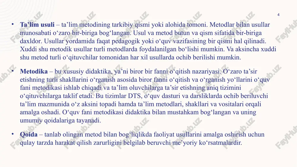 irish uchun ta’limning samarali vositasini tanlab olish sanaladi. ta’lim vositalarini tasniflashda turli asoslarga ko‘ra yondashish mumkin: faoliyat subyektiga ko‘ra faoliyat obyektiga ko‘ra o‘quv axborotiga munosabatiga ko‘ra o‘quv jarayonidagi vazifasiga ko‘ra 13 faoliyat subyekti bo‘yicha ta’lim vositalari tasnifi faoliyat subyekti bo‘yicha ta’lim vositalari o‘rgatish va o‘rganishga bo‘linadi. 1. o‘qitish vositalari. bunday qurollar o‘qituvchi tomonidan mavzuni tushuntirish va mustahkamlash uchun qo‘llaniladi (namoyishli – tajriba qurollari) 2. o‘rganish vositalari. bunday vositalar talabalar tomonidan yangi bilimlarni egallash uchun qo‘llaniladi (laboratoriya – praktikum qurollari) 14 faoliyat obyektlari bo‘yicha ta’lim vositalari tasnifi faoliyat obyektlari bo‘yicha ham ta’lim vositalari ikkiga bo‘linadi: 1. material ta’lim vositalari. bu o‘quv qo‘llanmalari, darsliklar, jadvallar, maketlar, modellar, o‘quv – texnik vositalar, mebel, o‘quv – laboratoriya qurilmalari, ko‘rgazmali vositalar bo‘lishi mumkin. 2. ideal ta’lim vositalari – bular pedagog va talabalar yangi bilimlarni egallashda qo‘llaydigan vositalar: chizmalar, sxemalar, diagrammalar, tasviriy, san’at, nutq, xat va boshqalar. ideal vositalar – bu «fikrlar haqidagi fikrlar»: o‘qituvchi ularni …