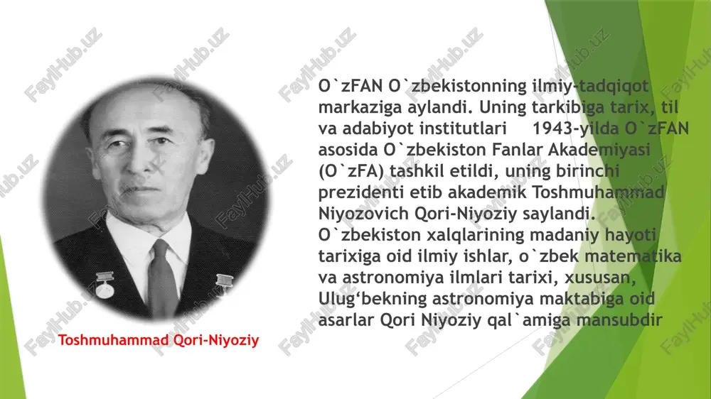 aga <<buyuk mo'g'ullar miniaturasi» deb kelingan. allomaning «buyuk mo'g'ullar» termini o'rniga «boburiylar davri miniaturasi» degan yangi terminni qoʻllashi jahonshumul ahamiyatga molik ish bo'ldi va uni olim tarixan asoslab berdi hamid sulaymonov hamid sulaymon o'rta osiyo xalqlari tarixiga oid materiallarni to'plash maqsadida jahonni kezdi, afg'oniston, hindiston, angliya, fransiya va boshqa mamlakatlarga bordi. bu ekspeditsiyalar natijasida kitob fondlarida saqlanayotgan 138305 jild arab, fors, o'zbek, ozarbayjon tillaridagi qo'lyozmalardan 397 tasiga qisqa tavsif berilib, 41 qo'lyozmaning mikrofilmi, kitobat san'ati va sharq miniaturalari mingdan ortiq nodir namunalarining rangli slaydlari olib kelindi a.p. okladnikovning tarix faniga qo‘shgan hissasi aleksey pavlovich okladnikov (1908–1981) – mashhur sovet arxeologi, tarixchi va etnograf. uning ishi asosan qadimgi davrlar va ilk sivilizatsiyalar tarixini o‘rganishga qaratilgan.o‘zbekiston bo‘yicha ishlari:surxondaryo viloyatidagi qadimgi budda madaniyati markazlari – fayoztepa va dalvarzintepa – ustida qazishmalar olib bordi.buddaviylik san’ati, kushonlar davri haykaltaroshligi va diniy hayoti haqida ilmiy ishlar yozdi.o‘zbekiston hududida ilk dehqonchilik va shaharsozlik qanday paydo bo‘lganligini ilmiy …