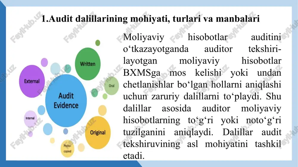 naga tegishli bo‘lmasligi ham mumkin. umuman olganda, inventarizatsiya faqatgina aktivlarning mavjudligini tasdiqlaydi. ammo bu tur dalil aktivlarga nisbatan egalik, ularning haqiqiy bahosi va ularning yaroqliligi yuzasidan dalillar bilan ta’minlanishi lozim. hujjatlar auditor uchun dalillarning eng asosiy turini tashkil etadi. ammo bu hujjatning ahamiyati uning korxona tomonidan tayyorlanganligi yoki tashqi manbalardan kelganligiga qarab ortadi yoki kamayadi. mijoz korxonadan tashqarida tayyorlangan va bevosita auditorga taqdim etilgan hujjatlar eng sifatli, ishonchli hujjatlar hisoblanadi. misol uchun, mijozning bank hisob raqami bo‘yicha bank tomonidan bevosita auditorga berilgan hisobot. tashqi manbalardan kelgan hujjatlarning asosiy qismi ko‘p hollarda mijoz qo‘lida bo‘ladi. bu tur hujjatlarga asoslanish yoki asoslanmaslik qaroriga kelish uchun auditor mijoz xodimlari bu hujjatni osonlik bilan qalbakilashtirishlari mumkinligi yoki unday emasligini aniqlashi lozim. har qanday tuzatish, o‘zgartirish kiritilgan dalillarni esa sinchkovlik bilan tekshirishi kerak. mijoz korxona tomonidan tayyorlab auditorga taqdim etilgan hujjatlar ishonchlilik nuqtayi nazaridan yuqoridagi tur dalillarga nisbatan eng sifatsizi hisoblanadi. chunki bu hujjatlar asosan …