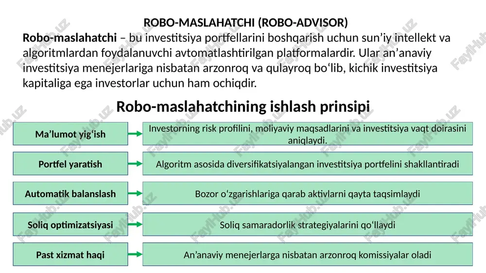 estitsion risklarni boshqarish. korporativ soliq strategiyalarini ishlab chiqish. real-estate (ko‘chmas mulk) investitsiyalari ko‘chmas mulkka investitsiya qilish bo‘yicha maslahat berish. kredit va ipoteka rejalashtirishni avtomatlashtirish. ijaraga berish va mulkni sotib olish bo‘yicha eng yaxshi variantlarni tavsiya qilish. robotlashtirilgan savdo (algo-trading) birja va forex bozorlarida algoritmik savdo qilish. savdo signallari va tendentsiyalarni bashorat qilish. ai va big data asosida tahlillarni amalga oshirish. hozirgi kunda o'zbekistonda to'liq avtomatlashtirilgan robo-maslahatchi xizmatlari keng tarqalmagan. biroq, mamlakatda moliyaviy va buxgalteriya konsaltingi sohasida xizmat ko'rsatuvchi kompaniyalar faoliyat yuritmoqda. masalan, legalact konsalting kompaniyasi yuridik va buxgalteriya auditi sohasida xizmatlar ko'rsatadi. shuningdek, rsm uzbekistan xalqaro tarmoqning a'zosi bo'lib, audit, buxgalteriya, soliq, yuridik va konsalting xizmatlarini taqdim etadi. ushbu kompaniyalar to'liq avtomatlashtirilgan robo-maslahatchi xizmatlarini taklif etmasalar-da, moliyaviy rejalashtirish va investitsiya masalalarida yordam berishlari mumkin. kelajakda o'zbekistonda robo-maslahatchi xizmatlarining rivojlanishi uchun imkoniyatlar mavjud. mamlakatda raqamli texnologiyalar va moliyaviy xizmatlar sohasida innovatsiyalar joriy etilmoqda, bu esa robo-maslahatchi xizmatlarining paydo bo'lishiga zamin yaratishi …