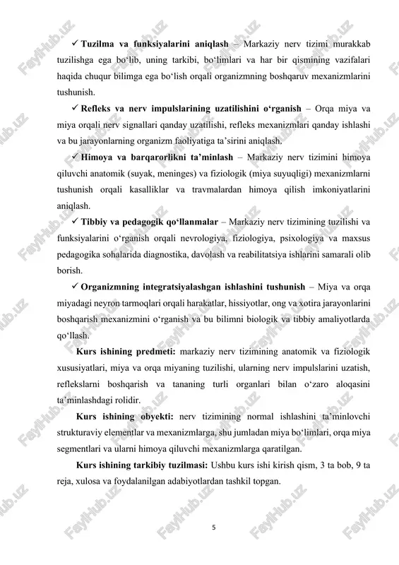 ashini muvofiqlashtiradi. shu boisdan, markaziy nerv tizimi faqat miya va orqa miya bilan cheklanib qolmay, periferik nerv tizimi bilan birgalikda organizmni kompleks tarzda boshqaradi. miya, markaziy nerv tizimining eng murakkab va eng rivojlangan qismi sifatida, yuqori darajadagi boshqaruv, xotira, tafakkur va hissiy jarayonlarni amalga oshiradi. orqa miya esa, asosan, reflekslar va nerv impulslarini miya bilan tananing turli qismlari o‘rtasida uzatish vazifasini bajaradi. markaziy nerv tizimi funksiyalari turlicha bo‘lib, ularni bir necha asosiy yo‘nalishlarda ko‘rib chiqish mumkin. birinchidan, bu tizim organizmning tashqi muhit bilan o‘zaro munosabatini ta’minlaydi. masalan, sezgi organlari orqali kelgan ma’lumotlar markaziy nerv tizimi tomonidan qayta ishlanadi va tananing mos javobi shakllantiriladi. ikkinchidan, markaziy nerv tizimi ichki muhitni boshqaradi va homeostazni ta’minlaydi. bu, yurak urishi, nafas olish, qon bosimi va hazm qilish jarayonlarini muvofiqlashtirish orqali amalga oshiriladi. uchinchi, markaziy nerv tizimi yuqori darajadagi intellektual faoliyat va hissiy holatni boshqaradi. insonning fikrlashi, qaror qabul qilishi, xotirasi, til va nutq qobiliyati …