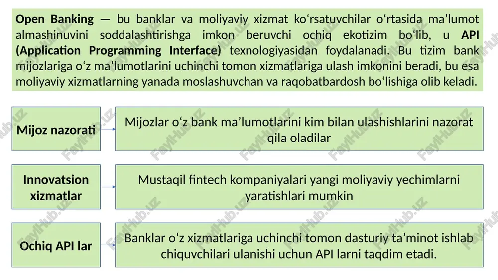 liyaviy infratuzilmasi, qonunchilik bazasi va regulyator siyosatiga bog‘liq holda rivojlanadi. ✅ open banking afzalliklari: ❌ open banking kamchiliklari: ✔ bank hisoblarini birlashtirish – bir nechta bank hisoblarini bitta ilovada boshqarish. ✔ tezkor va arzon to‘lovlar – banklarga nisbatan past tranzaksiya xarajatlari. ✔ moliyaviy rejalashtirish – xarajatlarni kuzatish, budjet va investitsiyalarni boshqarish. ✔ tezkor kredit olish – bank hujjatlarisiz, real vaqt rejimida kredit olish imkoniyati. ✔ yuqori raqobat – mijozlar bank xizmatlarini solishtirib, eng qulayini tanlashi mumkin. ✖ xavfsizlik masalalari – mijoz ma’lumotlari uchinchi tomon xizmatlariga uzatiladi, bu maxfiylikka ta’sir qilishi mumkin. ✖ banklarga bog‘liqlik – api xizmatlari banklar tomonidan taqdim etiladi, bu esa ba’zan cheklovlarga sabab bo‘lishi mumkin. ✖ hamma banklar qo‘llamaydi – ayrim mamlakatlarda open banking hali to‘liq joriy etilmagan. ✖ texnik nosozliklar – api ishlashidagi muammolar xizmatlarda kechikishlarga olib kelishi mumkin. open banking afzalliklari va kamchiliklari an’anaviy bank tizimi va open banking farqlari xususiyatlar an’anaviy bank tizimi open …