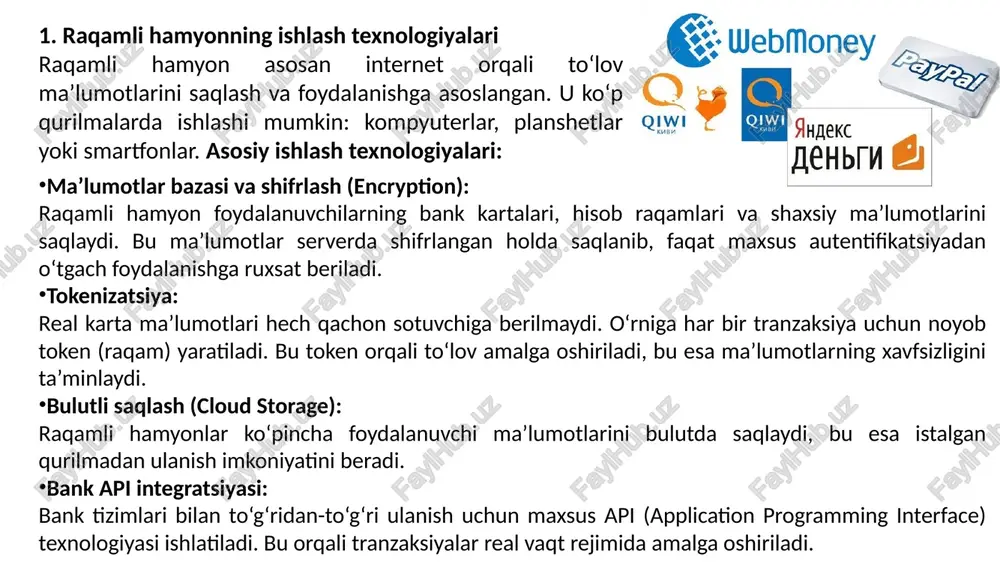 o‘lovlarni qabul qilish uchun hamyonni taqdim etuvchi tashkilot bilan shartnoma tuzishlari kerak. 3. ochiq hamyon (open wallet) banklar yoki banklar bilan hamkorlik qiluvchi tashkilotlar ochiq hamyonlarni taqdim etadi. ochiq hamyon egalariga yarim-yopiq hamyonda ruxsat etilgan barcha tranzaksiyalarni amalga oshirishdan tashqari, bank va bankomatlardan mablag‘ yechish hamda mablag‘larni o‘tkazish imkoniyati beriladi. turli foydalanish imkoniyatlari bo‘yicha raqamli va mobil hamyonlarning tasnifi tur tavsif misollar onlayn to‘lov hamyonlari internet orqali xaridlar va xizmatlar uchun to‘lov paypal, payme, skrill jismoniy to‘lov hamyonlari do‘kon, kafe, restoran va transportda foydalanish google pay, apple pay, humo pay xalqaro o‘tkazmalar uchun xalqaro to‘lov va mablag‘ o‘tkazish webmoney, paypal, qiwi kriptovalyuta hamyonlari kriptovalyutalarni saqlash va boshqarish trust wallet, metamask, binance wallet kommunal to‘lovlar uchun kommunal xizmatlar va internet to‘lovlari click, payme, apelsin e’tiboringiz uchun raxmat 12 image1.jpeg image2.jpeg image3.jpeg image4.png image5.jpeg image6.jpeg image7.jpeg image8.jpeg image9.jpeg image10.jpeg /docprops/thumbnail.jpeg