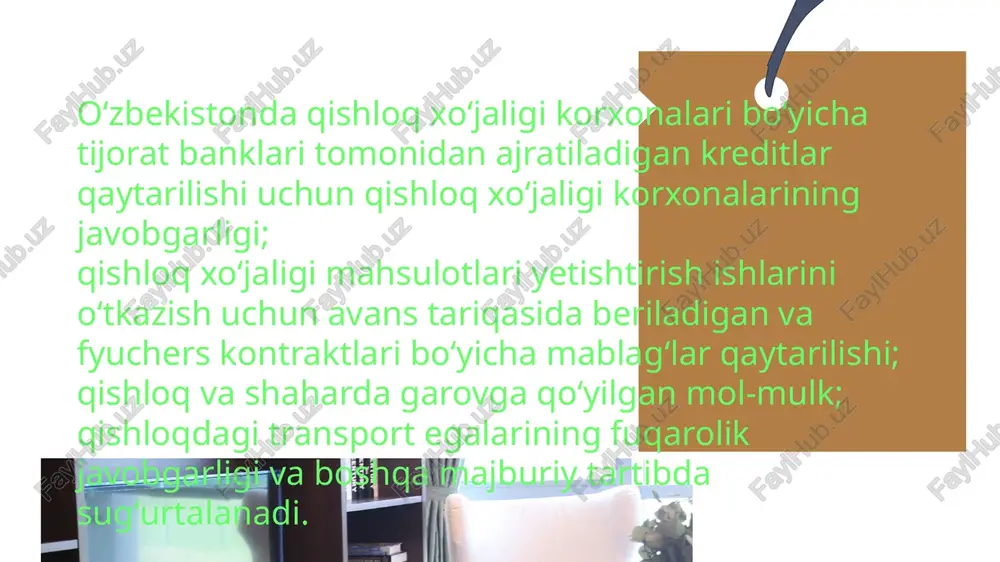 majburiy sug'urta shartnomasi bo'yicha va qonun hujjatlarida belgilangan shartlar asosida va tartibda sug'urta mukofotini to'lashi; 15 sug'urta shartnomasiga oid holatlar to'g'risida sug'urtalovchiga yozma shaklda xabar berishi; sug'urta qildiruvchi qonun hujjatlariga va o'zi tuzgan shartnomalarga muvofiq boshqa huquqlarga ham ega bo'lishi va uning zimmasida boshqa majburiyatlar ham bo'lishi mumkin. naf oluvchi quyidagi huquqlarga ega: sug'urta tovonini olish haqidagi talab bilan sug'urtalovchiga murojaat etish; qonun hujjatlarida belgilangan shartlar asosida va tartibda sug'urtalovchidan sug'urta tovonini olish; sug'urtalovchidan majburiy sug'urta qilish shartnomasining shartlari to'g'risida bepul axborot olish; agar naf oluvchi o'zining foydasiga tuzilgan shartnoma bo'yicha sug'urta tovoniga bo'lgan huquqdan foydalanish niyatida bo'lsa, ayni shunday majburiyat naf oluvchi zimmasida bo'ladi. 17 e'tiboringiz uchun raxmat media1.mp3 image1.jpeg image2.png image3.jpeg image4.jpeg image5.jpeg image6.jpeg image7.jpeg image8.jpeg image9.jpeg image10.jpeg image11.jpeg image12.jpeg image13.jpeg image14.jpeg image15.jpeg image16.jpeg image17.jpeg image18.jpeg image19.jpeg image20.jpeg image21.jpeg image22.jpeg image23.jpeg image24.jpeg image25.jpeg null 141.648 eng - itunnorm 0000059f 0000053d 00003a8c 00004005 00002670 0000f840 0000866a 000088ef 00002c88 000185b8� …
