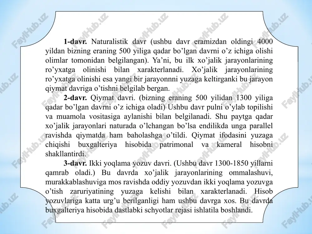 lohida korxona, tashkilot, butun bir iqtisodiyot yoki uning biror tarmog‘i bo‘lishi mumkin. buxgalteriya hisobi – har qandaymulkchilik shaklidagi korxona xo‘jalik faoliyatini yalpi, uzluksiz kuzatish va nazorat qilish, sodir bo‘lgan voqea–hodisalarni hisob registrlarida qayd qilish, ularga ishlov berish hamda hujjatlarga asoslangan holda moliyaviy hisobot ko‘rinishida axborotlarni foydalanuvchichilarga taqdim qilish tizimidir. hisobning har bir turi bir xil xo‘jalik operatsiyasini turli vaziyatlarda ko‘rib chiqadi, bu esa ayrim bosqichlarda uning foydalanuvchilarini qiziqtiradigan axborot oqimlarining kesishishini istisno qilmaydi. bunga erishish hisobning barcha turlariga hos bo‘lgan muhim xususiyat, ya’ni bir xil o‘lchovlardan: natura, mehnat va pul o‘lchovlaridan foydalanish tufayli mumkin bo‘ladi. mehnat vositalari - insonning yaratayotgan buyumlariga o‘z ta’sirini o‘tkazuvchi vositalar hisoblanadi. mehnat vositalari tarkibda ishlab chiqarish qurollari (mashinalar, asbob - uskunalar, asboblar) etakchi rolni o‘ynaydi. mehnat vositalariga shuningdek, imoratlar, inshootlar, transport vositalari va xo‘jalik inventarlari ham kiradi. ular ishlab chiqarish jarayonini normal amalga oshirish uchun kerakli sharoitlar yaratib, uni to‘g‘ri tashkil etishga yordam beradi. mehnat …