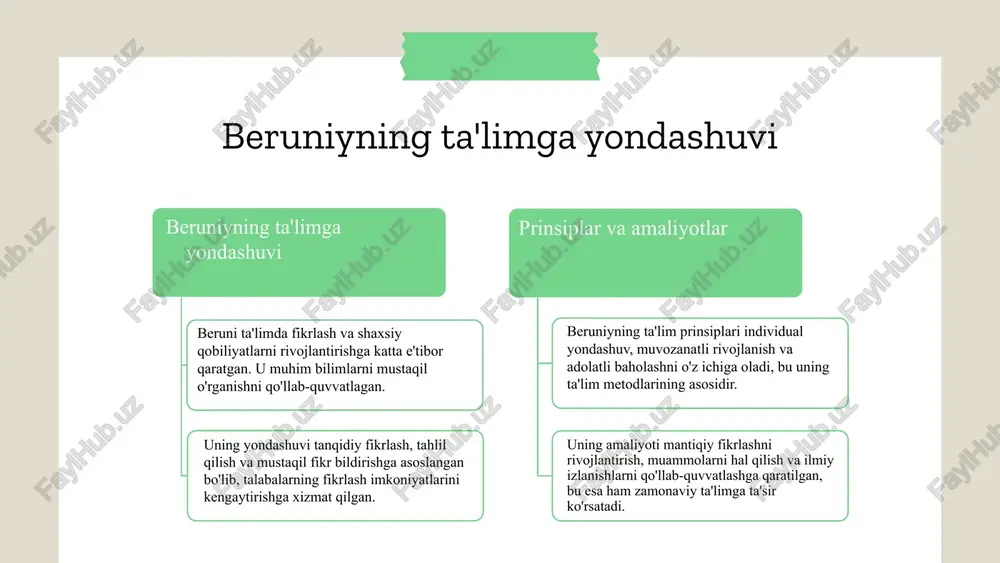 a'sir ko'rsatadi. uning ta'lim yondashuvi faol o'quvchi ishtiroki, mustaqil fikrlash va muammolarni hal qilishga qaratilgan. bu zamonaviy ta'limda muhim ahamiyatga ega bo'lib, innovatsiyalarni qo'llashga turtki beradi. pedagogik metodlar va innovatsiyalar, jumladan, zamonaviy texnologiyalar va interaktiv usullar, ta'lim jarayonini qiziqarli va samarali qilish uchun qo'llaniladi. bu bilan o'quvchilar faol ishtirok etadi. xulosa foydalanilgan adabiyotlar 1. islomov, d. a. (2018). o‘zbekiston ta'lim tizimida pedagogik qarashlar va innovatsiyalar. o‘zbekiston respublikasi ta'lim va ilmiy tadqiqotlar instituti nashriyoti. 2. qodirov, s. (2020). pedagogika nazariyalari va amaliyotda. toshkent: ma'rifat nashriyoti. 3. abduqahhorov, s. (2019). zamonaviy ta'lim metodlari va o‘quvchilarning faol ishtiroki. o‘zbekiston pedagogika jurnali, 45(3), 112-120. 4. tursunov, m. (2021). pedagogik yondashuvlar va ta'lim sifatini oshirish. toshkent davlat universiteti nashriyoti. 5. yusupov, m. (2017). pedagogika va ta'lim nazariyalari: asosiy tushunchalar va istiqbollar. samarqand: samarqand davlat universiteti nashriyoti. e'tiboringiz uchun rahmat! designed by slides carnival image1.png image2.png image3.png image4.png image5.png image10.png image11.png image12.png image13.png image14.png image23.jpg image18.jpg …