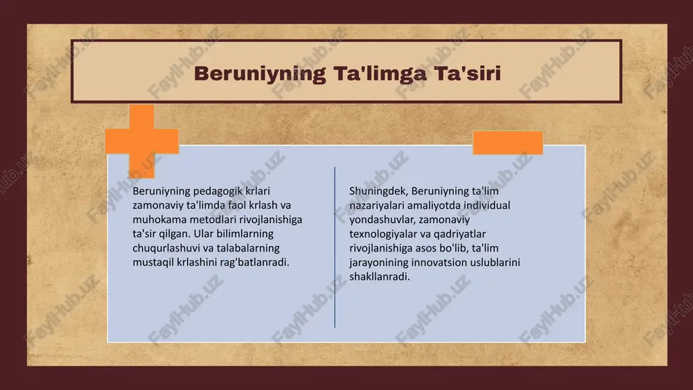 'qituvchi muvofiqligi va maqsadga yo'naltirilganlikni ta'kidlaydi. uning asosiy prinsiplari axloqiy va estetik qadriyatlarni rivojlantirishga katta ahamiyat berishdir. zamonaviy ta'limga ta'siri va amaliy metodlar beruniyning ta'lim falsafasi ijodkorlik va tanqidiy fikrlashni rivojlantirishga yordam berib, zamonaviy ta'lim tizimiga sezilarli ta'sir ko'rsatgan. muammoli, loyiha va o‘yin asosidagi metodlar ta'lim sifatini oshiradi. bog‘liqlik ta'lim natijasini kuchaytiradi. photo by british library on unsplash foydalanilgan adabiyotlar 1. islomov, i. a. abu rayxon beruniy va uning pedagogik qarashlari. o‘zbekiston milliy universiteti nashriyoti, 2010. 2. xolmatov, s. pedagogik fikrlar va amaliy ta’lim metodlari. tashkent: fan va ta’lim, 2015. 3. qodirov, m. abu rayxon beruniy va uning ta’lim falsafasi. samarqand davlat universiteti nashriyoti, 2018. 4. yusupov, d. ta’lim nazariyalari va amaliy metodlar. toshkent: ma’naviyat, 2012. 5. sodiqov, a. zamonaviy ta’limda beruniy fikrlari. o‘zbekiston ta’lim-maktabi, 2021. e'tiboringiz uchun rahmat! image1.jpeg image2.png image3.png image4.png image5.png image6.png image7.png image8.png image9.png image15.jpg image11.png image16.jpg image17.jpg image13.png image14.png