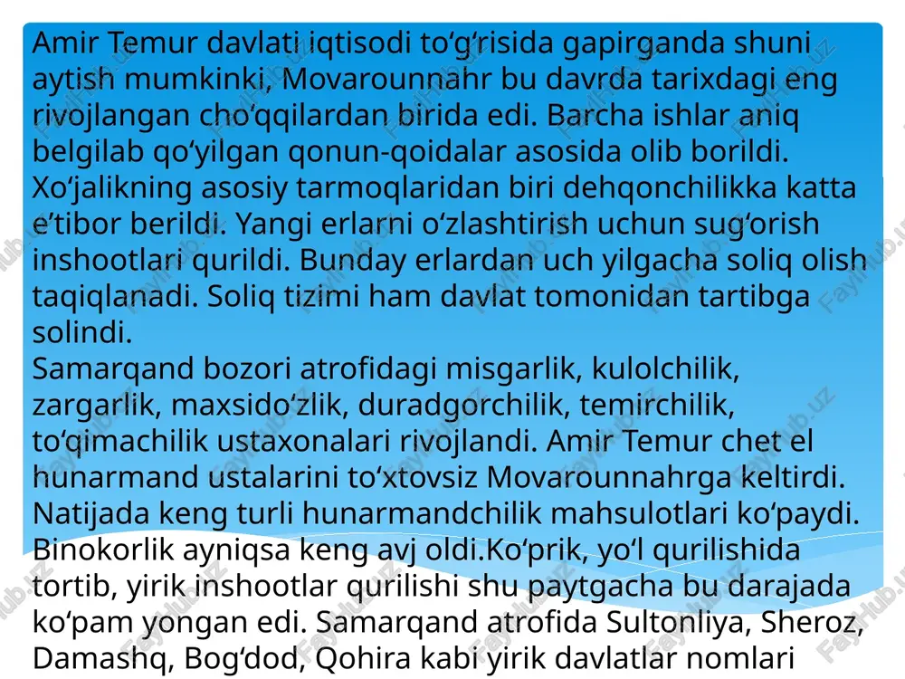 a xaritalar berilgan. bu xaritaning muhim tomonlaridan biri — gradus toʻri chizilganidir, uni geograflar hofizi abruning shoh asari deb hisoblaydilar. bu asarda fors, kirmon, xurosonning batafsil geografiyasi va tarixi, movarounnahr geografiyasi bayon etilgan. xususan, samarqand, buxoro, kesh, naxshab, termiz kabi shaharlar hamda jayxun, sayxun, murgʻob va boshqa daryolar, haqida malumotlar berib oʻtilgan. 1423–1427-yillarda yozilgan "majmua"("toʻplam") asari shohrux saltanati tarixini 1417-yilgi voqealar bilan tugatadi. uning 4-jildi "zubdat ut-tavorixi boysun-quriy"da tarixiy voqealar 1417-yilga qadar yetkazilgan. hofi abru asarlarining qoʻlyozmalari sankt-peterburg, oksford va toshkentda saqlanadi. image2.jpeg