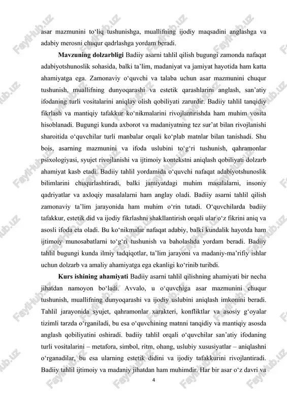 o‘ynaydi. bu jarayon asarning mazmunini chuqur anglash, muallif g‘oyasini tushunish, tanqidiy fikrlashni rivojlantirish va san’atiy didni shakllantirish imkonini beradi, shuningdek, yosh avlodni madaniy va ma’rifiy jihatdan boyitadi. mavzuning maqsadi o‘quvchi yoki tadqiqotchiga asarning ichki tuzilishini, syujet va qahramonlar xarakterini, konfliktlar va ularning rivojlanishini, shuningdek, muallifning g‘oya va dunyoqarashini aniqlash imkonini berishdir. tahlil jarayoni orqali asardagi obrazlar tizimi, til va uslub xususiyatlari, metafora va symbolik ifodalar o‘rganiladi, bu esa o‘quvchining estetik tafakkurini, san’atiy didini va ijodiy qarashlarini rivojlantiradi. mavzuning vazifasi · asarning syujetini, qahramonlar xarakterini va konfliktlarni aniqlash. · muallif g‘oyasi va asardagi asosiy mavzuni tushunish. · asardagi til va uslub xususiyatlarini, metafora, simbol va boshqa badiiy vositalarni tahlil qilish. · qahramonlarning psixologik portretini va ichki dunyosini o‘rganish. · asarni ijtimoiy, tarixiy va madaniy kontekstda tahlil qilish. · o‘quvchida tanqidiy fikrlash va mantiqiy tafakkur ko‘nikmalarini rivojlantirish. · estetik did va ijodiy tafakkurni shakllantirish. · turli badiiy tahlil turlarini qo‘llash orqali asarni …