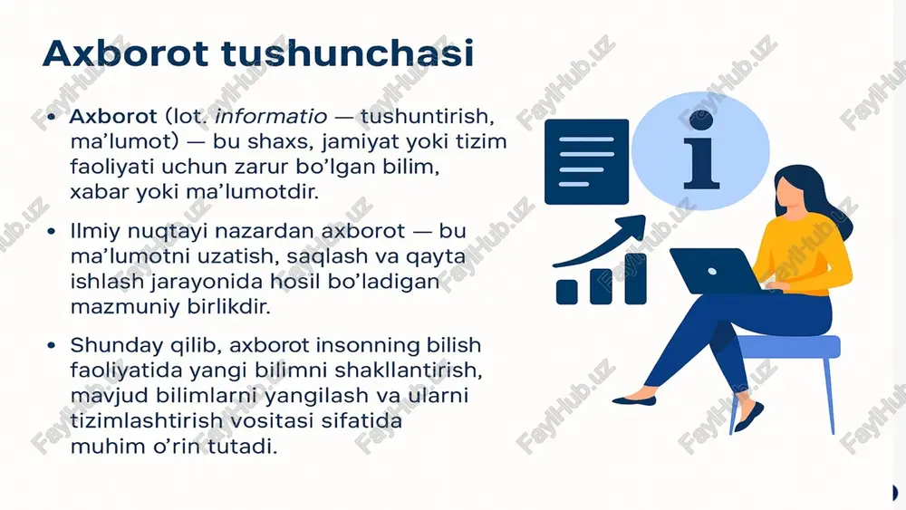 jribalar o‘rnini bosuvchi virtual tajribalar o‘tkaziladi. bu usul vaqtni tejaydi, xavfli yoki qimmat tadqiqotlarni xavfsiz muhitda o‘tkazish imkonini beradi. masalan, iqlim o‘zgarishlari, biologik jarayonlar yoki iqtisodiy modellar shu yo‘l bilan tahlil qilinadi. ilmiy axborot tizimlari maqolalarni indekslash tizimlari ma’lumotlar almashinuvi va ochiq ilm (open science) ochiq ilm — bu ilmiy tadqiqotlar natijalarini, ma’lumotlarni va metodologiyalarni keng jamoatchilik bilan erkin baham ko‘rish tamoyiliga asoslangan yondashuvdir. uning maqsadi ilm-fan shaffofligini ta’minlash, takroriy tadqiqotlarni osonlashtirish va global hamkorlikni kuchaytirishdir. axborot xavfsizligi va etik tamoyillar ilmiy ma’lumotlarning maxfiyligi plagiat va mualliflik huquqi axborot etikasi at ning maxsus sohalardagi qo'llanilishi genomika insan genomi to'liq dekodlangan. personalized medicina imkoni paydo bo'ldi. astrofizika katta teleskoplar tomonidan yig'ilgan milyardlab ma'lumotlarni tahlil qilish. sun'iy intellekt avtomatlashtirilgan bilimlar olish va gipoteza yaratish yangi tadqiqot tezkorligi. ijtimoiy tarmoqlar odamlar o'rtasidagi munosabatlari raqamli davrda tahlil qilish. 25 muammolar va istiqbollar axborot xavfsizligi sensitiv tadqiqot ma'lumotlari va shaxsiy malumotlarni himoya qilish. axborot shovqini …
