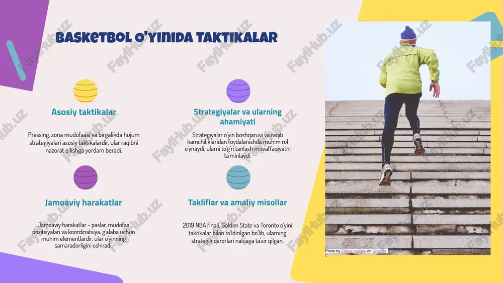 i mashqlarni bajarishda anatomiya, fiziologiya va to'g'ri texnika muhimdir. bu jarayonlarda jarohatlarni oldini olish va muvaffaqiyatli natijalarga erishish uchun asosiy omil hisoblanadi. individual va jamoaviy mashqlar shaxsiy mashqlar individual rivojlanishga yordam beradi, jamoaviy mashqlar esa jamoaviy ruh va koordinatsiyani oshiradi. har ikkisining o'ziga xos afzalliklari mavjud. photo by jenny hill on unsplash natijalarni baholash va rivojlantirish mashqlar natijalarini baholash usullari: test qilish, videolarni tahlil qilish va statistik ma'lumotlar yordamida o'yinchilarning texnik va taktikaviy qobiliyatlarini baholash mumkin. o'yinchilarning rivojlanishini kuzatish: o'yin va mashg'ulotlarda amalga oshirilgan ishlarni yozib borish, progressni grafiklar va jadval shaklida tahlil qilish muhimdir. takomillashtirish jarayonida o'zgarishlar: baholash natijalariga asoslanib, mashqlar va trening rejasini moslashtirish, o'yinchilarning kamchiliklariga mos o'quv metodlarini qo'llash kerak. bu jarayon doimiy bo'lishi lozim. photo by omid armin on unsplash 1 2 3 e'tiboringiz uchun rahmat! image1.png image2.png image3.png image4.png image10.png image6.png image7.png image8.png image9.png image15.jpeg image16.jpeg image17.jpeg image18.jpeg image19.jpeg image11.png image12.png image13.png image14.png image5.png image20.jpeg …