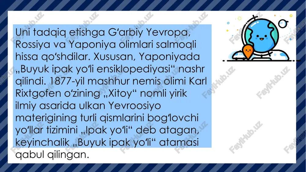 tabr; buxoro, 1996-yil fevral) va seminarlar oʻtkazildi. buyuk ipak yoʻli y. boʻylab birgalikda xalqaro ekspeditsiyalar uyushtirildi, kinofilmlar yaratildi, kitoblar, broshyuralar va maqolalar chop etildi, baʼzi arxeologik va meʼmoriy yodgorliklar taʼmirlandi. baʼzi bir sharq mamlakatlarida (hindiston, xitoy, oʻzbekiston, shri lanka, yaponiya) buyuk ipak yoʻli y.ni oʻrganish boʻyicha maxsus ilmiy institutlar barpo etilgan. maye, bmt va yunesko qaroriga koʻra, samarqand shahrida markaziy osiyo tadqiqotlari xalqaro instituti ochilgan. qadimgi va oʻrta asrlarda butun yevrosiyo qitʼasini kesib oʻtgan buyuk ipak yoʻli sharq va gʻarbning madaniy anʼanalariga kirib borish va almashishda misli koʻrilmagan ahamiyat kasb etdi, uning chorrahasi oʻzbekiston hududlari edi. jahon ahamiyatiga molik madaniyatning eng muhim tarixiy oʻchogʻi boʻlgan samarqandda ushbu koʻrgazmaning tashkil etilishi koʻp asrlar davomida buyuk ipak yoʻlining asosiy boʻgʻinlarini tashkil etgan oʻzbekiston va xitoy davlatlari oʻrtasidagi zamonaviy siyosiy, iqtisodiy va madaniy hamkorlikning tarixiy ildizlarini koʻrsatadi. ushbu bino xx asr boshlarida rossiya-xitoy banki uchun qurilgan. koʻrgazmaga aylantirulgunga qadar binoda samarqand davlat universitetining …