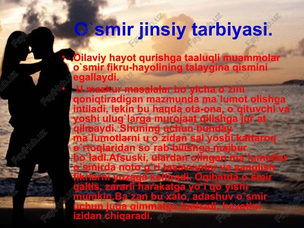 qlashtirish va nazorat qilish respublika komissiyasining 2000-yil 24-fevraldagi majlisi yig`ilishida balog`at yoshiga yetgan yigit-qizlarni maktabdayoq oilaviy hayotga tibbiy, jismoniy, psixologik, ijtimoiy jihatdan tayyorlashni yo`lga qo`yish, ayniqsa, qizlar sog`lig`ini yaxshilash masalasiga e`tiborni kuchaytirish, alohida ta`kidlangan. qiz bola organizmi xususiyatlari. tabiiyki, ayol va ona, bolalikdan boshlanadi.bo`lajak ona va uning bo`lajak farzandlari jismonan va aqlan barkamol bo`lishi uchun, qiz bola sog`lom tug`ilishi va sog`lom voyaga yetishi kerak. qiz bolada balog‘atga yetish jarayoni o`g`il bolaga nisbatan ancha murakkab kechadi.chunonchi, bo`lajak ayol organizmining jinsiy jihatdan shakllanishi, aniqrog`i, ayol uchun eng muhim a`zo hisoblangan tuxumdonning rivojlanishi, qizning onasi qornida homilalik davridan boshlanib, tug`ilgandan so`ng, to balog`atga yetish (18 yosh) davrigacha davom etadi. shu davr mobaynida qiz bola organizmi bir qator ijtimoiy va tibbiy muammolarga duch kelishi mumkin. binobarin, qiz bola (homila) o`z onasi bachadonida rivojlanishi davrida, uning uchun ona organizmi tashqi muhit hisoblanadi. demak, ona organizmida ro`y beradigan har qanday g`ayri-tabiiy o`zgarishlar, noqulayliklar, ya`ni homilador ayol …
