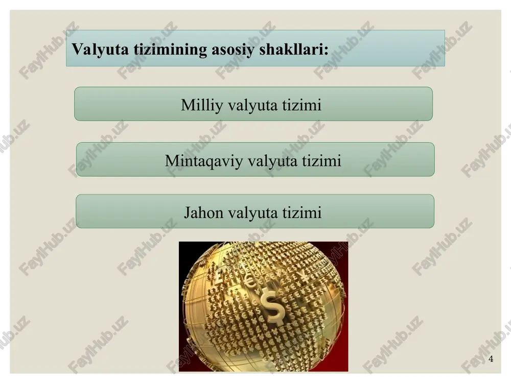 rkibiga koʻra turli mamlakatlar pul birliklarining oʻzaro nisbatini ifodalaydi. oltin pariteti valyuta kurslarini aniqlashda asos boʻlib xizmat qilgan va 1976 yilda xvf tomonidan bekor etilgan. ya’ni, aqshda 1 troya untsiya oltin (31, 1 g.) = 20, 672 usd ($) buyuk britaniyada 1 troya untsiya oltin= 4,248 gbp (£) oltinning valyutalardagi qiymati valyuta kursini aniqlashga xizmat qilardi: $ 20, 672 / £ 4,248 = 4, 866 , ya’ni £ 1 = $ 4, 866 * parij valyuta tizimi quyidagi tamoyillarga asoslangan edi: tizim asosini oltin tanga andozasi tashkil etishi; milliy pul birliklarining oltin tarkibi oʻrnatildi (buyuk britaniya – 1816 yildan, aqsh – 1837 yildan, germaniya- 1875 yildan, frantsiya – 1878 yildan); oltinga umumiy toʻlov vositasi sifatida jahon puli funktsiyasi berildi; markaziy banklar tomonidan emissiya qilingan muomaladagi banknotalar oltinga erkin almashtirilgan. almashinuv oltin paritetlari asosida amalga oshirilgan. valyutalar kursi moneta partitetidan “oltin nuqtalari” chegarasida og’ishi mumkin edi (±1% amalda qa’tiy belgilangan valyuta …
