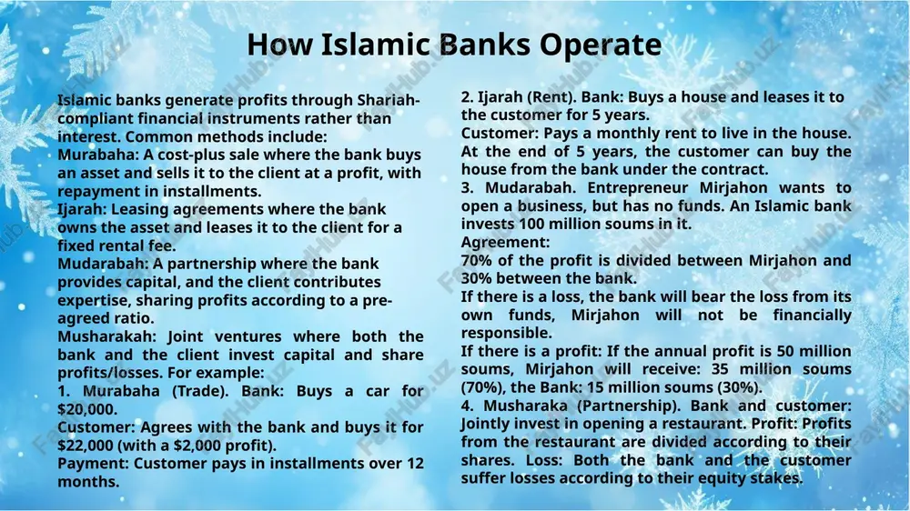 banking services can be used not only by muslims, but also by people of other religions. islamic banking is widely practiced in: middle eastern countries: saudi arabia, uae, qatar, bahrain, and kuwait. southeast asia: malaysia and indonesia are global leaders in islamic finance. south asia: pakistan, bangladesh, and maldives. africa: sudan and nigeria. western countries: the uk, usa, and germany have introduced islamic banking services to cater to growing muslim populations. where is islamic banking practiced? conclusion islamic banking provides an ethical and shariah-compliant alternative to conventional banking. it is rooted in fairness, transparency, and mutual benefit, ensuring that financial activities align with islamic values while promoting real economic development and social justice. thank you for your attention! image1.jpeg image2.tmp image3.jpeg image4.tmp image5.jpeg image6.jpeg image7.tmp image8.tmp image9.jpeg /docprops/thumbnail.jpeg