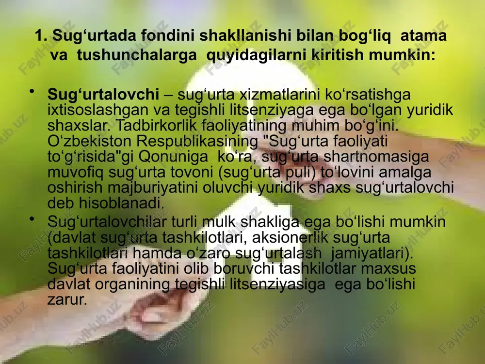 bir jo‘natilgan yuk haqidagi ma’lumotlar (yukning vazni, sug‘urta summasi, yukni jo‘natish va qabul qilib olish punktlari) bayon etilgan arizani taqdim etsa etarli, yuk avtomatik ravishda sug‘urtalangan hisoblanadi. kvotali qayta sug‘urtalash - sug‘urta kompaniyasi qayta sug‘urtalovchi kompaniya bilan kelishgan holda unga risklarni bir qismini beradi. bu operatsiya kvota shartnomasi orqali rasmiylashtiriladi. qayta sug‘urtalovchi kompaniyaga sug‘urta mukofotini tegishli qismi beriladi va qayta sug‘urtalovchi kompaniya mutanosib ravishda ko‘rilgan zararni qoplashda ishtirok etadi. sug‘urta polisi - sug‘urta shartnomasi tuzilganlik faktini tasdiqlovchi hujjat. sug‘urta polisida quyidagi rekvizitlar bo‘lishi shart: sug‘urta kompaniyasining yuridik manzili, sug‘urtalanuvchining nomi, sug‘urta ob’ekti, sug‘urta mukofotining miqdori, shartnomaning amal qilish muddati. sug‘urta qoplamasini to‘lashda sug‘urtalanuvchi sug‘urta polisini sug‘urta kompaniyasiga taqdim etishi zarur. sug‘urta dalolatnomasi - sug‘urta hodisasi ro‘y berganda sug‘urta kompaniyasi tomonidan tuziladigan hujjat. dalolatnomada mol-mulkning zararlanish yoxud nobud bo‘lish sabablari, ko‘rilgan zarar miqdori va boshqa ko‘rsatkichlar bo‘ladi. dalolatnomaga, zarur hollarda sug‘urta hodisasi va mol-mulkning zararlanganligini tasdiqlovchi tegishli tashkilotlarning (yong‘inga qarshi kurash, …