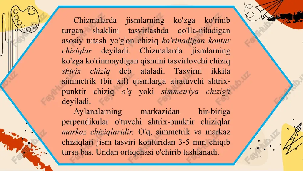 (r5) yoy tashqarisidan qo'yish mumkin. chiqarish chiziqlari va ko'rinar kontur chiziqlari orasidagi joy o'lcham sonini yozish uchun yetarli bo'lmasa, o'lcham chizig'ini va ulardagi strelkalarni 3.5-chizma, a da ko'rsatilgandek qo'yish mumkin. o'lcham chizig'idagi strelkalarni qo'yish uchun joy yetarli bo'lmagan hollarda chiqarish chizig'idagi ba'zi strelkalarni nuqta bilan almashtirish mumkin (3.5-chizma, b). chizma chiziq turlaridan tuzilgan namunalar 3.6-chizmada berilgan. shulardan bittasini chiziqlar oraliqlarini rejalash sirkuli yoki chizg'ichda oichab, masshtabga rioya qilgan holda kattalashtirib chizing. chizmachilik daftaringizga har xil kattalikdagi 5 tadan aylana va aylanaradiuslarini chizing. chizmachilik daftaringizga, so'ngra chizma qog'oziga bir nechtadan kontur,ya'ni yo'g'on chiziqlar chizib chiqing. yassi detal chizmalari berilgan (3.7-chizma). ulardan bittasini masshtabga rioya qilgan holda ko'chirib chizing va o'lchamlarini qo'ying hamda chizmani taxt qiling. asosiy yozuv va o'lcham sonlarini yozmang.
