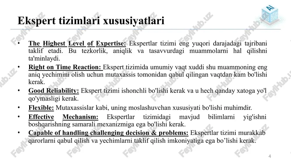 ermlar olinadi. – havo harorati(t) = {cold, cool, warm, hot} ushbu lingvistik termlar havo harorati qiymatini qamrab oladigan oraliq qiymatlarni o’z ichiga oladi. 21 2-qadam. termlar uchun tegishlilik funksiyalarini qurish 22 3-qadam. bilimlar bazasi asosida qoidalarni qur ish xona harorati va ac dagi o’rnatilgan harorat orasidagi matritsasi quriladi va shu asosda qoidalar shakllantiriladi. noravshan mantiq asosidagi qaror qabul qilish modeli if-then produksion model yordamida quriladi. 23 4-qadam. defuzzification noravshan mantiq bloki qoidalarni baholashni amalga oshiradi. qoidalar or va and (mos holda max va min) operatorlari yordamida quriladi. yakuniy natijani shakllantirish uchun baholashning barcha natijalari birlashtiriladi. lekin bu holda natija ham noravshan bo’ladi. defuzzifikatsiya jarayonida esa noravshan qiyamtlar tegishlilik funksiyasi yordamida aniq qiymat keltiriladi. 24 25 image1.jpg image2.png image3.png image4.jpg image5.jpg image6.jpg image7.jpg image8.jpg image9.jpg image10.jpg image11.jpg image12.png image13.jpg image14.png image22.png image23.png image24.png image15.png image16.png image17.png image18.png image19.png image20.png image21.png image25.png image26.png image27.jpg image28.jpg image29.jpg