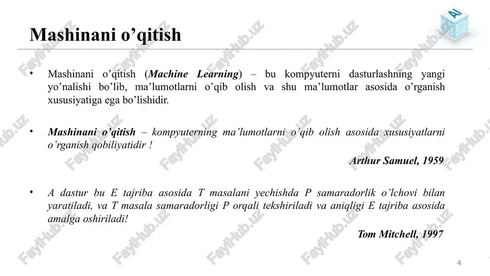 1 x2 x1 x2 x1 x2 ko’p sinfli sinflashtrirish sinflashtirish (support vector machine) x1 x2 24 sinflashtirish (support vector machine) x1 x2 x1 x2 25 sinflashtirish (support vector machine) x1 x2 26 sinflashtirish (knn- k ta eng yaqin qo’shni x1 x2 x1 x2 x1 x2 70 2 70 2 70 2 k=5 27 unsupervised learning o’qituvchisiz o’qitish (unsupervised learning) – bu mashinani o’qitish usulidan biri bo’lib, bunda modelni oldindan aniq bo’lgan ma’lumotlar bilan o’qitish amalga oshirilmaydi, aksincha obyekt parametrlarini (ma'lumotlarni) topish uchun modelga o'z ustida ishlashga imkon yaratib beriladi. supervised learning usuliga qaraganda murakkab usul hisoblanadi va bashoratlash jarayoni avtomatik lekin noaniqroq bo’lishi mumkin. unsupervised learning usulida asosan “klasterlash” masalasi yechiladi. 28 o’qituvchisiz o’qitish (klasterlash) umumiy yuzasi (x1) xonalar soni (x2) sinfi (y) 40 1 ? 45 1 ? 60 2 ? 56 2 ? 72 2 ? 75 2 ? 82 2 ? 92 3 ? … … ? …