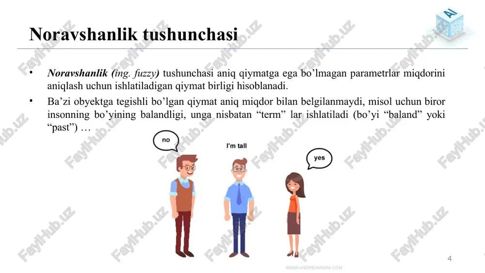 = 68.75 mph 32 noravshan mantiq tizimining afzalliklari ushbu tizim noaniq, buzilgan yoki shovqinli kirish ma'lumotlari bo'ladimi, har qanday turdagi kirishlar bilan ishlashi mumkin. noravshan mantiq tizimlarini qurish oson va tushunarli. noravshan mantiq to'plamlar nazariyasining matematik tushunchalari bilan birga keladi va buni asoslash juda oddiy. u hayotning barcha sohalaridagi murakkab muammolarni juda samarali hal qiladi, chunki u insoniy fikrlash va qaror qabul qilishga o'xshaydi. algoritmlarni kichik ma'lumotlar bilan tasvirlash mumkin, shuning uchun kam xotira talab qilinadi. 33 noravshan mantiq tizimining kamchiliklari ko'pgina tadqiqotchilar noaniqlikka olib keladigan noravshan mantiq orqali berilgan muammoni hal qilishning turli usullarini taklif qilishdi. berilgan muammoni hal qilish uchun tizimli yondashuv mavjud emas. uning xususiyatlarini isbotlash ko'p hollarda qiyin yoki imkonsizdir, chunki biz har safar yondashuvimizning matematik tavsifini olmaymiz. noravshan mantiq aniq va noaniq ma'lumotlar ustida ishlaganligi sababli, ko'pincha aniqlik buziladi. misol.1 restoranning “xizmat” ko’rsatish darajasi va ovqatlar “sifat” darajasiga qarab xizmatchi xodimlarga “choy-chaqa” berish miqdorini noravshan …