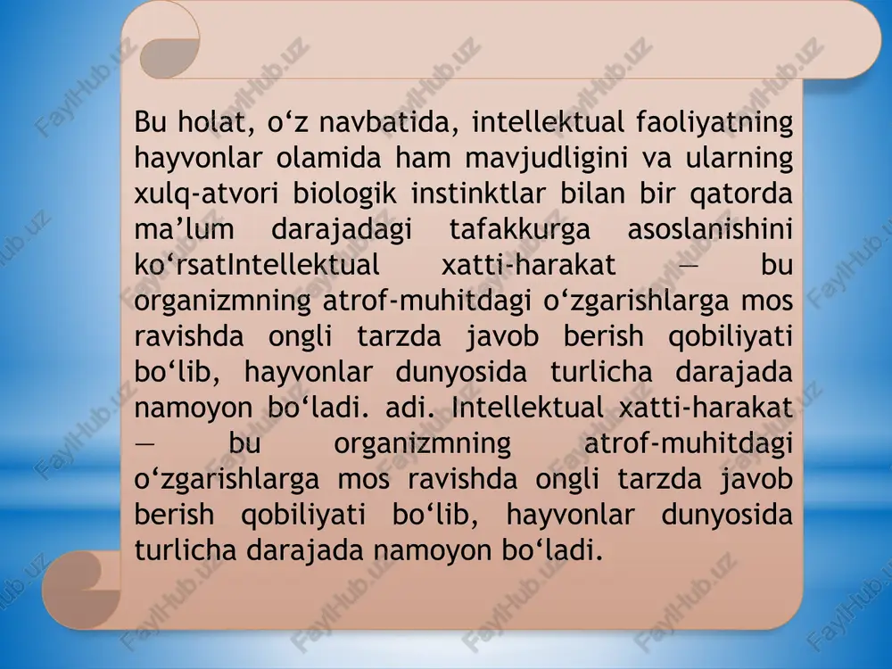 rsalarning funksional xususiyatlarini tushunadi va ularni maqsadga yo‘naltirilgan tarzda ishlatadi. uchinchi shakl — taqlid va kuzatuv orqali o‘rganish. hayvonlar ko‘pincha boshqa individlarning xatti-harakatlarini kuzatish orqali yangi ko‘nikmalar hosil qiladi. masalan, yosh maymunlar kattalarining meva ochish yoki asbobdan foydalanish usullarini takrorlash orqali o‘rganadi. bunday o‘rganish mexanizmi ijtimoiy intellektning shakllanishi uchun muhim poydevor hisoblanadi. psixologiyada bu jarayon ijtimoiy ta’lim (social learning) deb yuritiladi va u insonda ham xulq-atvor shakllanishining asosiy mexanizmlaridan biridir. to‘rtinchi shakl — ijtimoiy intellekt yoki guruhdagi aqliy muvofiqlikdir. ko‘plab hayvonlar — masalan, delfinlar, fillar, chumolilar va bo‘rilar — jamoaviy faoliyatda maqsadga yo‘naltirilgan xatti-harakatlarni namoyon etadi. ular o‘zaro signallar orqali aloqa qiladi, guruh manfaatini himoya qiladi, ov yoki himoya strategiyalarini birgalikda rejalashtiradi. bunday hollarda individual tafakkur guruh tafakkuri bilan uyg‘unlashadi, bu esa ijtimoiy ongning ibtidoiy ko‘rinishi sifatida psixologiyada alohida o‘rganiladi. ba’zi hollarda hayvonlarda simvolik fikrlashning sodda shakllari ham kuzatiladi. masalan, delfinlar tovush signallari orqali bir-birini chaqiradi, maymunlar esa ayrim imo-ishoralarni …