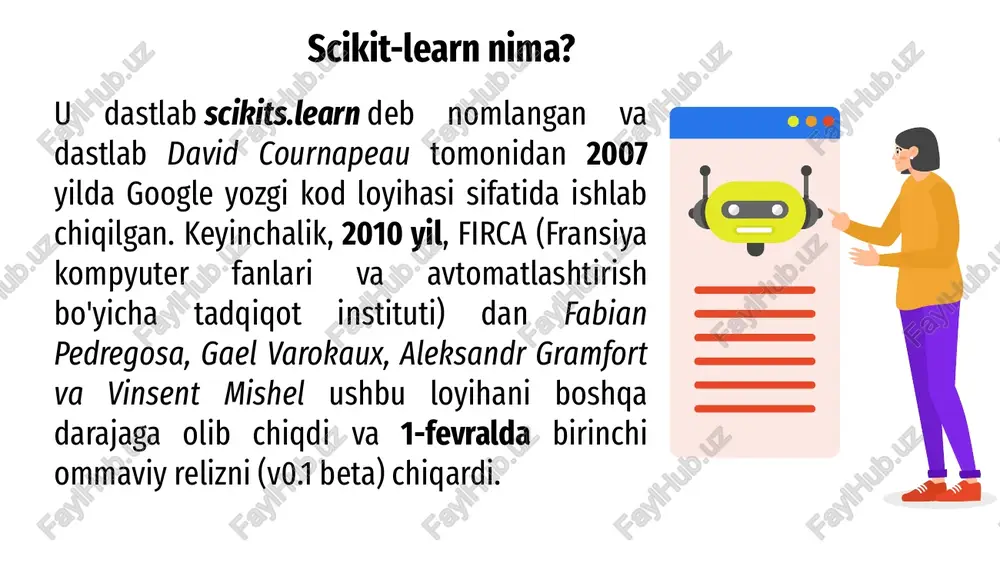 ne har xil turdagi vinolarni kimyoviy tahlil qilish natijalari bo'yicha ma'lumotlar to'plami tasniflash vazifalari uchun javob beradi load_breast_cancer ko'krak o'smalarining gistologik parametrlari to'plami tasniflash vazifalari uchun javob beradi scikit-learn kutubxonasi o'quv jarayonida foydalanish mumkin bo'lgan bir nechta tayyor ma'lumotlar to'plamini taklif qiladi. hammasi bo'lib oltitasi bor: standart ma'lumotlar to'plamlarini yuklash uchun sklearn.datasets moduli mavjud . keling, uni import qilamiz va load_iris ma'lumotlar to'plamidan ma'lumotlarni yuklaymiz : xulosa: scikit-learn (sklearn) python-da mashinani o'rganish uchun eng foydali va mustahkam kutubxonadir. u python-da mustahkamlik interfeysi orqali tasniflash, regressiya, klasterlash va o'lchamlarni kamaytirish kabi mashinalarni o'rganish va statistik modellashtirish uchun samarali vositalarni tanlashni ta'minlaydi. asosan python-da yozilgan ushbu kutubxona numpy, scipy va matplotlib-ga asoslangan. foydalanilgan adabiyotlar ro’yxati: 03 https://medium.com/softplus-publication/clustering-harness-the-power-of-kmeans-and-gmm-using-sklearn-2b9e2aea61dd 02 "ochiq markazdagi scikit-learn ochiq manba loyihasi: tillar sahifasi". ochiq hub. olingan 14 iyul 2018. https://scikit-learn.org/stable/index.html 01 05 prikladnoe mashinnoe obuchenie s pomoshyu scikit-learn i tensorflow. kontseptsii, instrumenti i texniki dlya sozdaniya intellektualnix sistem god …
