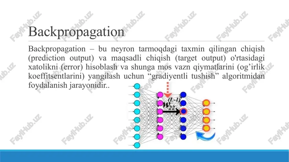 har bir kiruvchi ma’lumot uchun “label” lar ham numppy array ko’rinishiga o’tkaziladi y = np.array(y) #natijani chop qilish print(x, "\n\n", y) masalani yechish uchun quriladigan neyron tarmoq arxitekturasi neyron tarmog’ini qurish va o’qitish uchun kerak bo’lgan funksiyalar neyron tarmog’ini qurish va o’qitish uchun kerak bo’lgan funksiyalar neyron tarmog’ini qurish va o’qitish uchun kerak bo’lgan funksiyalar qurilgan modelni ishga tushirish w1 = generate_wt(30, 5) # tasodifiy og’irlik koeffitsentlari (input-hidden) w2 = generate_wt(5, 3) # tasodifiy og’irlik koeffitsentlari (hidden-output) print(w1, "\n\n", w2) # tasodifiy olingan qiymatlarni chop qilish acc, losss, w1, w2 = train(x, y, w1, w2, 0.1, 100) #modelni o’qitish print(w1, "\n", w2) #model o’qitilgandan keyingi koeffitsentlar predict(x[1], w1, w2) # o’qitilgan model koeffitsentlarini choq qilish model aniqligi va yo’qotish funksiyasi natijasini vizuallashtirish import matplotlib.pyplot as plt1 # model aniqligi uchun grafik plt1.plot(acc) plt1.ylabel('accuracy') plt1.xlabel("epochs:") plt1.show() # loss uchun grafik plt1.plot(losss) plt1.ylabel('loss') plt1.xlabel("epochs:") plt1.show() dastur natijalari (tasodifiy koeffitsentlar) w1 uchun qiymatlar …