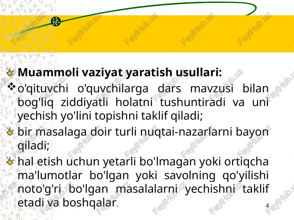 idagi bilim, ko‘nikma va malakalariga tayanishlari kerakligi orqali o‘quvchilarni yo‘naltiruvchi, yodga soluvchi va ma’lumot beruvchi savollar orqali masalani hal etishga yo‘llaydi. 11 kimyo darslarini tashkil etishda qiziqarli savol-javoblardan foydalanish. hozirgi zamon har bir fan o’qituvchisi zimmasiga inson,uning jamiyatdagi o’rni va roliga har tamonlama qarash vazifasini yuklaydi. buning uchun o’qituvchi ta’lim tarbiyaning yangi shakllari,vositalari va usullarini egallashi va shu bilan birga o’zi zamonaviy pedagogik texnologiyalarni yaratishga, shaxsni tarbiyalashning yangi a’nanaviy, samarali usullarini tanlashga harakat qilishi hamda ijodkor bo’lmog’i lozim. maktablarda o’qitilayotgan tabiiy fanlar, shu jumladan kimyo fani o’zida oliyjanob fazilatlarni mujassamlashtirilgan insonni tarbiyalashda benihoya ahamiyat kasb etadi. maktabda o’quvchi tabiatdagi barcha hodisalarni kimyoviy jihatdan o’rganadi, kimyoviy elementlarning inson hayotidagi ahamiyati haqidagi asosiy ma’lumotlarni kimyo darslaridan bilib oladi. 12 1.sanoati rivojlangan ayrim shaharlarda zavod va bug’ qozonlaridan ajralib chiqqa gazlar tufayli kislotali yomg’ir yog’adi. aytingchi kislotali yomg’ir tarkibida qaysi gazlarning eritmasi bo’ladi? 2.bu elementning kashf etilish tarixi, shunisi bilan qiziqki, boshqa kashfiyotlarning …