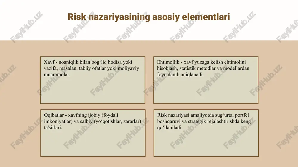 maytirish riskni minimallashtirish uchun chora-tadbirlarni ko‘rishni o‘z ichiga oladi. sug‘urta kompaniyalarida risklarni kamaytirish usullari: diversifikatsiya, to‘g‘ri qiymatlash va rejalashtirish. diversifikatsiya riskni turli portfellarga bo‘lish orqali kamaytiradi. to‘g‘ri qiymatlash risklarni aniqlash va boshqarishda muhim. rejalashtirish esa potentsial muammolarni oldindan ko‘rishga yordam beradi. amaliy misollar: sug‘urta portfellarida diversifikatsiya va reinsurance. diversifikatsiya risklarni tarqatadi, reinsurance esa katta risklarni boshqa kompaniyalar bilan bo‘lishishni ta’minlaydi. bu usullar risklarni boshqarishning samarali vositalaridir. sug‘urtada riskning kelajagi kelajakda risklarni boshqarishda yangi yondashuvlar muhim ahamiyat kasb etadi. prediktiv modellash va sun'iy intellekt texnologiyalari risklarni aniqlash va oldini olishda keng qo‘llanilmoqda. innovatsiyalar va texnologiyalarning roli blokcheyn texnologiyasi va katta ma’lumotlar tahlili sug‘urta sohasida xavflarni baholash va boshqarishni yanada aniqroq qilish imkonini yaratadi. bu innovatsiyalar risklarni minimallashtirishda muhim rol o‘ynaydi. sug‘urtada riskning kelajagi sug‘urta sohasida risk nazariyasining rivojlanishi va yangi texnologiyalarning integratsiyasi kelajakda risklarni boshqarishda muhim o‘rin tutadi. innovatsiyalar va texnologiyalar yordamida risklarni aniqlash va boshqarish jarayonlari yanada samarali bo‘ladi. sug‘urtaning …