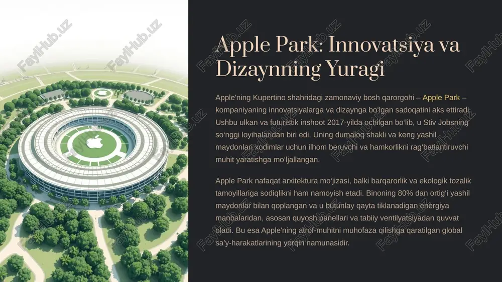 ta’minlaydi. chakana savdo do‘konlari dunyoda 535 dan ortiq apple store mavjud bo‘lib, ular nafaqat mahsulot sotish joylari, balki brend tajribasi markazlari hamdir. bu do‘konlar mijozlarga apple mahsulotlarini sinab ko‘rish, yordam olish va hatto ta’lim dasturlarida ishtirok etish imkoniyatini beradi. xaridorlarga mahsulotlarni bevosita taqdim etish. texnik yordam va mijozlarga xizmat ko‘rsatish (genius bar). bugungi kunda hindistonda yangi do‘konlar ochilishi rejalashtirilmoqda, bu esa apple'ning yangi rivojlanayotgan bozorlarga kirish strategiyasini aks ettiradi. raqamli xizmatlar ekosistemasi apple'ning xizmatlar bo‘limi daromadlarning katta qismini tashkil etadi va doimiy ravishda o‘sib bormoqda. app store, apple music, icloud va apple pay kabi xizmatlar milliardlab foydalanuvchilarga ega. app store: mobil ilovalar uchun dunyodagi eng yirik platformalardan biri. apple music: raqamli musiqa oqimining yetakchi xizmatlaridan biri. icloud: ma’lumotlarni bulutda saqlash va sinxronizatsiya qilish. apple pay: kontaktsiz to‘lovlar uchun qulay va xavfsiz tizim. 1.7.2013 7 ‹#› raqobatchilar va sanoatdagi o‘rni: doimiy kurash apple texnologiya sanoatida o‘z o‘rnini saqlab qolish uchun doimiy …