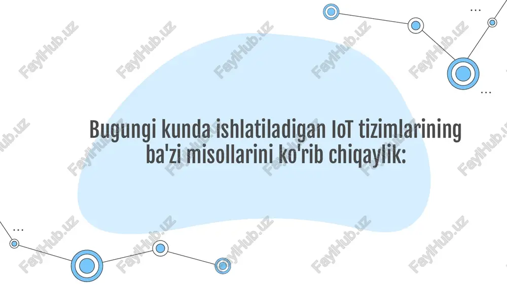 llanma va tahlil protokollari: ma'lumot tuzilmalari: iot (ashyolar interneti) texnologiyasida, turli sohalar va qurilmalar uchun bir nechta standartlar mavjud. energetika sohasi: aloqa va smart shaharlar agrar sohalar iot (ashyolar interneti) texnologiyasi o'zbekistonda ham rivojlanmoqda. har bir mamlakatda, iot texnologiyasini qo'llash va uning rivojlanishiga oid strategiyalar mavjud. o'zbekistonda iot texnologiyasi quyidagi sohalarda o'rnatilmoqda: tibbiyot sohasi: oliy ta'lim sanoat va korxona texnologiyalari: barcha sohalarda iot texnologiyasi o'zining o'rni oshirib bormoqda va keyinchalikda ham rivojlanishini davom ettirish kutilmoqda. davlat va korxonalar iot texnologiyasidan foydalanib ma'lumotlar almashinuvi rivojlanib bormoqda. foydalanilgan adabiyotlar : 1. [1] https://en.wikipedia.org/ 2. [2] http://uz.infocom.uz/ 3. a. v. roslyakov, s. v. vanyashin, a. yu. grebeshkov. «internet veshey» uchebnoe posobie. samara – 2015 4. makarov s.l. «arduino uno i raspberry pi 3: ot sxemotexniki k internetu veshey». dmk press – 2019. 5. perri li. «arxitektura interneta». dmk press – 2019