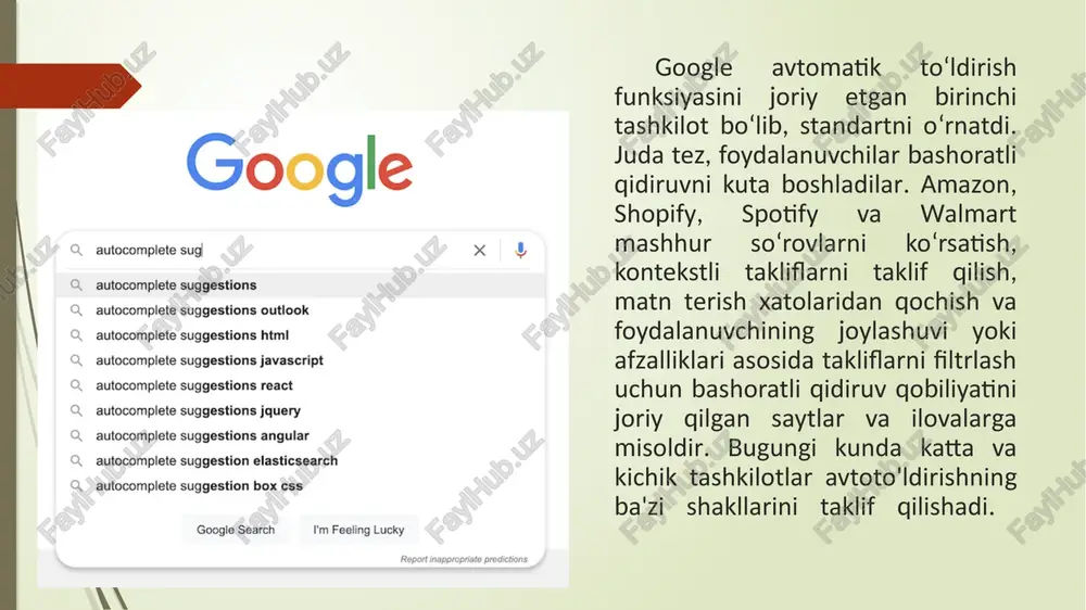 laydi - terilgan so'z va uning indeksdagi aniq mosligi o'rtasidagi imlo farqi. mukammal moslik - masofa = 0. mukammal moslik mavjud bo'lsa yoki masofa past bo'lsa (bir yoki ikkita harf noto'g'ri yozilgan), keyin moslik o'tkaziladi va natijalarga rekord qo'shiladi xulosa bashoratli qidiruv ko'plab afzalliklarni, jumladan konvertatsiya tezligini oshirish va mijozlar tajribasini yaxshilashni taklif etadi va ko'plab korxonalar muvaffaqiyatining muhim tarkibiy qismidir. ushbu maqolada tasvirlangan eng yaxshi amaliyotlardan foydalanish sizning sayt qidirishingiz siz kabi qattiq ishlashiga ishonch hosil qilishga yordam beradi. bashoratlash va avtomatik to’ldirishning kamchiliklari shundan iboradki. yuqorida kiritgan ma’lumotlani birinchi ko’p qidirilgan va ko’p ko’rilgan sahifalarimi. birinchi qatorlardan joy oladi va bu qolgan sahifalarni reyting darajasini tushirib qo’yishi kutiladi. image1.png image2.png media1.mp4 image3.png media2.mp4 image4.png media3.mp4 image5.png media4.mp4 image6.png /docprops/thumbnail.jpeg