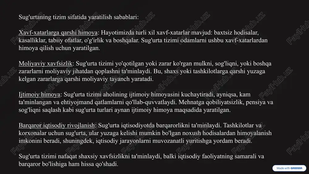 a bo'limi (risklar va polislar): risklarni baholash bo'limi: sug'urtalanuvchilarning xavf-xatarlarini baholash va to'g'ri sug'urta shartlarini ishlab chiqish uchun javobgar bo'ladi. bu bo'lim sug'urtaning turini, miqdorini va shartlarini belgilaydi. sug'urta polislarini ishlab chiqish: bu bo'lim sug'urta shartnomasini tuzish va himoya qilish uchun zarur hujjatlar va polislarni tayyorlaydi. 11 moliyaviy va hisob-kitob bo'limi: hisob-kitob va moliyaviy boshqaruv: kompaniyaning moliyaviy holatini nazorat qilish, to'lovlarni amalga oshirish, sug'urta mukofotlari va zararlar bo'yicha hisob-kitoblarni amalga oshirish. bu bo'lim shuningdek, kompaniyaning moliyaviy hisobotlarini tayyorlaydi va moliyaviy resurslarni boshqaradi. statistika bo'limi: sug'urta kompaniyasining xavf-xatarlari va to'lovlarni aniqlash uchun matematik va statistik modellarni ishlab chiqadi. statistika sug'urta kompaniyasining moliyaviy barqarorligini ta'minlashda muhim rol o'ynaydi. ichki nazorat va audit bo'limi: ichki audit: kompaniyaning ichki nazoratini ta'minlaydi, xatoliklar va xatoliklarni aniqlash, operatsion samaradorlikni yaxshilash va moliyaviy hisobotlarni tekshiradi. ichki tekshiruvlar: sug'urta kompaniyasining barcha operatsiyalarini, shu jumladan, sug'urta talablarini bajarish va mijozlarga to'lovlarni amalga oshirish jarayonlarini nazorat qiladi. 12 hulsa: majburiy …