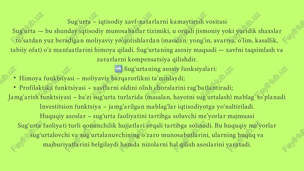 amaliyotda aniq qoidalarni belgilab beradi. 📜 prezident farmonlari sug‘urta sohasining rivojlanish strategiyasi, islohotlar va ustuvor yo‘nalishlar belgilanadi. muayyan tarmoq yoki holatlar bo‘yicha yangi huquqiy mexanizmlar joriy etiladi. 🏛 vazirlar mahkamasi qarorlari sug‘urta faoliyatining tartibi, ro‘yxatdan o‘tkazish, litsenziyalash va boshqa jihatlar belgilanadi. amaliyotga oid ko‘rsatmalar, shakllar va standartlar tasdaiqlanadi. 📋 moliyaviy nazorat organlari nizomlari markaziy bank yoki boshqa regulyator organlar tomonidan chiqariladi. sug‘urtalovchilar faoliyatining moliyaviy barqarorligi, audit va hisobdorlik bo‘yicha talablar belgilanadi. sug‘urta faoliyatining asosiy printsiplari sug‘urta tizimi samarali va adolatli ishlashi uchun bir nechta asosiy prinsiplarga amal qilinadi. bu printsiplar sug‘urta shartnomalarining to‘g‘ri va shaffof bajarilishini ta’minlaydi. xavfni taqsimlash sug‘urta kompaniyasi xavf va zararlarni bir nechta shaxslar orasida taqsimlaydi, bu orqali yo‘qotishlar kamaytiriladi. adolatlilik sug‘urta kompaniyasi va sug‘urtalanuvchi o‘rtasida har ikki tomonning manfaatlari teng bo‘lishi kerak. shartnomada barcha shartlar aniq va tushunarli bo‘lad kafolatli to‘lovlar sug‘urta kompaniyasi zarar sodir bo‘lgan holatda aniq va kafolatli to‘lovni amalga oshirishi kerak. 01 02 …