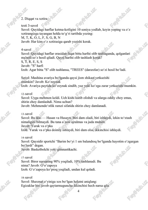 a qiroli genrix iv davrida uni tashlanishi natijasida 12 minggacha dvoryan hayotdan ko‘z yumgan. u qaysi predmet? a) ​qo‘lqop b) xanjar v) ro‘molcha g) shamshir d) to‘pponcha 18. beruniyning yozishicha, hindlarni janubiy shaharlarida xurmo va narjilga o‘xshagan bo‘yi uzun daraxtlar o‘sar ekan. mamlakatning o‘rta va shimoliy qismida esa to‘z nomli daraxt o‘sishini yozib qoldirgan. bu daraxtlardan nima maqsadda foydalanilgan? a) siyoh tayyorlashda foydalanilgan b) ​qog‘oz tayyorlashda foydalanilgan v) mustahkam qurilish materiali sifatida foydalanilgan g) samodagi yulduzlarni kuzatish asboblarini yaratishda foydalanilgan d) kemasozlikda foydalanilgan 18. viktor alimasov o‘zining "falsafa yoxud fikrlash lazzati" kitobida shunday yozadi: "birinchi menga qadrni o‘rgatdi, ikkinchi - mehrni, uchinchi esa - jabrni. hayratlanarlisi shundaki, jabrni o‘rgatgani men uchun azizroq". birinchi, ikkinchi va uchinchi nima ekanligini toping. a) bobom, otam, o‘g‘lim b) tug‘ilishim, yashashim, o‘lishim v) dushmanim, do‘stim, sevimli yorim g) ustozim, hamkasbim, shogirdim d) onam, xotinim, qizim 19. u dastlab joriy qilinganda uni qo‘llash ommaviy ravishda til …