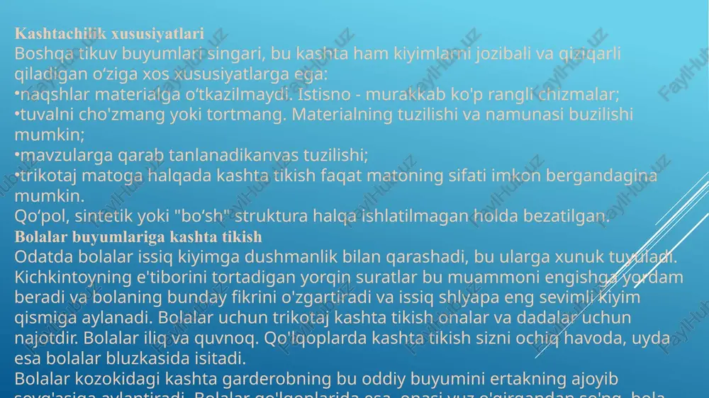 sdan va yopishmasdan osongina o'tadi. ishlash vaqtida mahsulotning ilmoqlarini juda qattiq tortmaslikka harakat qiling, aks holda siz shikastlangan shaklsiz va siqilgan narsaga ega bo'lasiz. buyumni kashta tikish uchun tayyorlash uchun uni suv bilan namlash va keyin quritish tavsiya etiladi. ushbu texnika ilmoqlarni tekislaydi va yaxshi sifatni ta'minlaydi.chizma. xulosa toʻqish va kashta tikish har doim bir-birini mukammal tarzda toʻldiradi. trikotaj mahsulotida deyarli har qanday kashtado'zlik naqshini takrorlash mumkin. shunga o'xshash bezakni kiyilmagan narsalarda ham, yangi modelda ham qilishingiz mumkin. kashta tikilgan har qanday kiyim o'ziga xos va o'ziga xos ko'rinadi. image1.png image2.png image3.png image4.png image5.png /docprops/thumbnail.jpeg