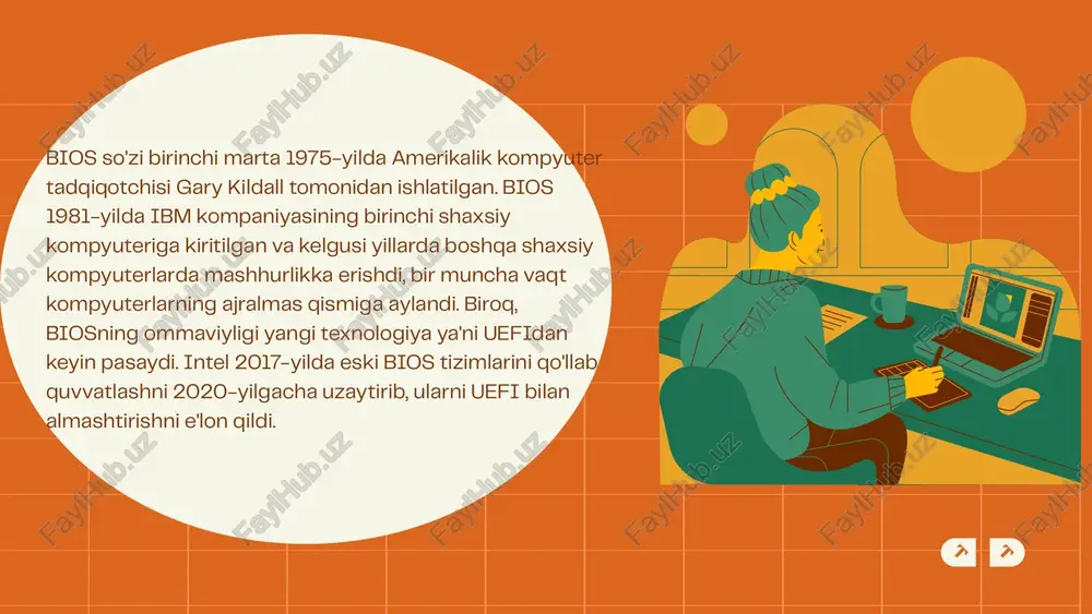 dan foydalanish kerakligini belgilaydi. bu qurilmalar qatoriga qattiq disk, usb flesh-disk yoki cd/dvd kiradi. 3. apparat sozlamalari: bios foydalanuvchilarga apparatning turli parametrlarini, masalan, xotira tezligini, protsessorning tezligini va boshqa apparat komponentlarini sozlash imkonini beradi. 4. xavfsizlik sozlamalari: bios foydalanuvchilarga bios parolini o'rnatish va secure boot funksiyasini yoqish imkoniyatini beradi, bu esa tizimga kirishni xavfsizroq qiladi. 5. apparatni boshqarish: bios turli apparat qismlarini boshqarish va ularga kirish imkoniyatini ta'minlaydi, masalan, usb portlari, sata qurilmalari va boshqa interfeyslar. xulosa setup bios dasturining kompyuter ishlashidagi o‘rni. bios orqali tizimni to‘g‘ri sozlashning ahamiyati. tavsiyalar: mavzu bo‘yicha ko‘proq ma’lumot olish uchun bios qo‘llanmalari yoki ishlab chiqaruvchilarning rasmiy veb-saytlaridan foydalaning. tajriba uchun virtual mashina yoki eski kompyuterlarda bios sozlamalarini o‘rganish tavsiya etiladi. foydalanilgan adabiyotlar: 1. tanenbaum, a. s. (2003). modern operating systems. prentice hall. 2. silberschatz, a., galvin, p. b., & gagne, g. (2009). operating system concepts. wiley. 3. gillett, a. (2005). pc hardware in a …