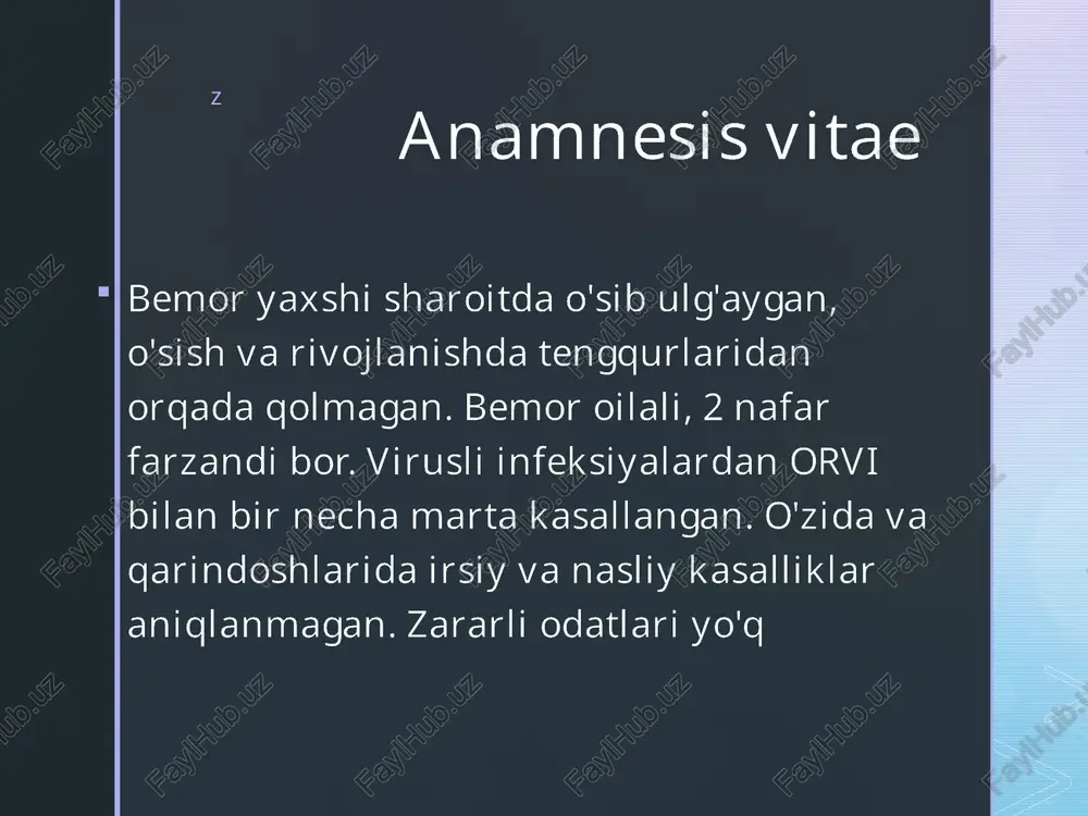 lumotlar: bemor o'zini 10 yil davomida, yurakda bosh og'rig'i va davriy og'riqlar birinchi marta paydo bo'lgan, qon bosimi ko'tarilgan, shifoxonada qayta-qayta davolangan, uy sharoitida antihipertenziv dorilarni qabul qilgan deb hisoblaydi. vaqti-vaqti bilan; - bemorning hayot tarixidan olingan ma'lumotlar: u butun umri davomida buxgalter bo'lib ishlagan, ish hissiy stress bilan bog'liq va gipodinamiya bilan tavsiflangan; - ob'ektiv tekshiruv ma'lumotlari: ortiqcha vaznli bemor; yurakning nisbiy xiralik chegarasi chapga siljigan, ii ton urg`u aorta ustida. ad - 165/95 mm hg. art., yurak urishi - daqiqada 96;‌ z laboratoriya ma'lumotlari, tekshirishning instrumental usullari, tor mutaxassislarni tekshirish natijalariga kora: bemorda qandli diabetni 2 tipi va ag aniqlandi. tashxis qoyishga asoslar bemor qonida glukoza ,alt,ast miqdorining ishigligi bundan tashqari insulin yetarli bolsa xam hujayralarga glukoza kirolmayotganligi asos qilib korsatildi. z davo rejasi ko'zlangan maqsadlar va ularning amalga oshirish yo'llari asosiy masalalar: 1) yaxshi metabolik va biokimyoviy nazoratga erishish; 2) asoratlarning oldini olish. bunga erishish yo'llari: 1) …