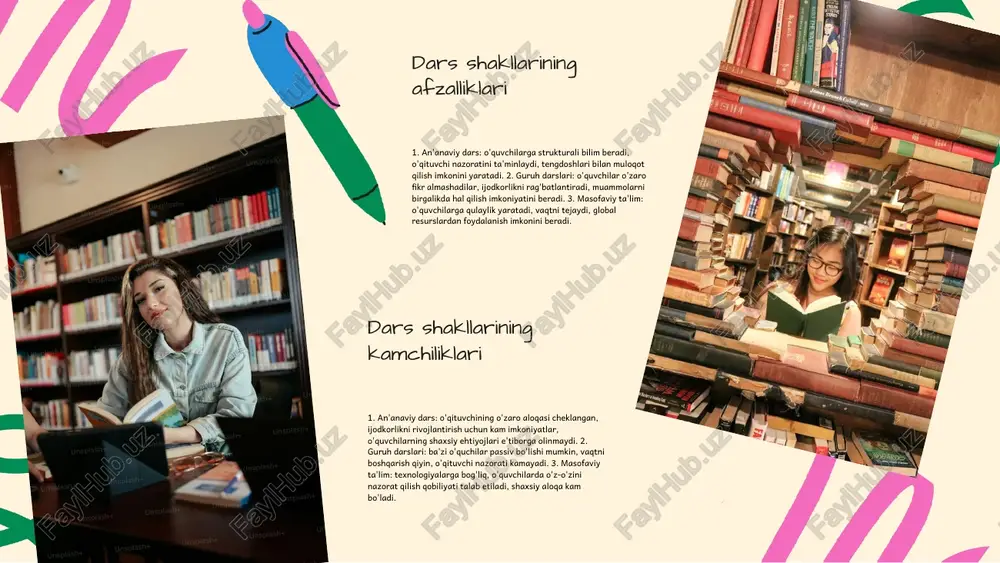 iqiy vaziyatlarda o'z bilimlarini qo'llash imkoniyatiga ega bo'ladilar. - guruhli faoliyat: talabalar bir-biri bilan muloqot qilib, fikr almashadilar. o'qituvchilar va talabalar o'rtasidagi munosabatlar o'qitish jarayonida muhim rol o'ynaydi. samimiy va ochiq muloqot o'qituvchining bilimlarni etkazish usullarini yanada samarali qiladi va talabalarning o'qishga bo'lgan qiziqishini oshiradi. o'qitishda texnologiyalarning roli ta'limning kelajagi talabalar faoliyatini rag'batlantirish nima? talabalar faoliyatini rag'batlantirish, dars jarayonida talabalarning faol ishtirokini ta'minlash orqali o'qitish jarayonining muhim jihatlaridan biridir. bu jarayon talabalar o'rtasida o'zaro muloqotni, fikr almashishni va ijodkorlikni oshirishga yordam beradi. talabalarning faoliyati o'qituvchi tomonidan berilgan vazifalarni bajarish va o'qitish jarayonida ko'proq ishtirok etishda ularga ko'maklashadi, bu esa ta'lim sifatini yanada yaxshilaydi. dars davomida faoliyat talabalarning faoliyatini rag'batlantirish o'qitish jarayonida muhim ahamiyatga ega. bu, o'z navbatida, o'quvchilarning o'qishga bo'lgan qiziqishini oshiradi. faollikni rag'batlantirish usullari guruh ishlarini, muhokamalarni va o'yinlarni o'z ichiga olgan turli usullar talabalarni jalb etishga yordam beradi. bu usullar o'quvchilarni bir-biri bilan o'zaro aloqada bo'lishga undaydi. o'yinlar …