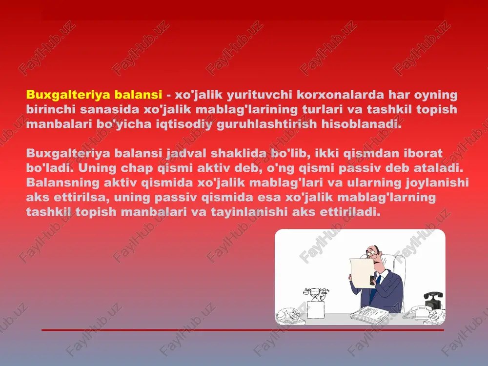 ilmalar" moddasida xujalik va pudrat usullarida olib borilayotgan, tugallanmagan qurilishlarning qiymati kursatiladi. asosiy podani tashkil etish, geologiya-kidiruv ishlari buyicha xarajatlar, shu maqsadlarda vaktinchalik foydalanish uchun sub'ektlar tomonidan bunak (avans) tarzida berilgan quyilmalar xam ushbu moddada aks ettirilad "avlod korxonalaridagi aksiyalar" (040-satr) moddasida 0600-"uzoq muddatli investisiyalar" 0620-"avlod korxonalariga investisiyalar" schyotining analitik qismida xisobga olinuvchi avlod korxonalarning aksiyasiga quyilgan mablag’larning miqdori buyicha ma'lumotlar kursatiladi. "avlod korxonalarga berilgan qarzlar" (050-satr) moddasida 4110-"bulinmalardan olinadigan schyotlar" 0620-"avlod korxonalariga investisiyalar" schyotida xisobga olinadigan avlod korxonalarga berilgan qarzlarning miqdorii aks ettiriladi. "uyushma korxonalaridagi aksiyalar" (050-satr) moddasida. analitik xolda 0600-"uzoq muddatli moliyaviy quyilmalar" 0640-"uyushma korxonalariga investisiyalar" schyotida xisobga olinuvchi uyushgan korxonalarning aksiyasiga quyilgan mablaglarning miqdori kursatiladi. "uyushma korxonalariga berilgan qarzlar" (070-satr) moddasida 4110-"ayrim balansdagi bulinmalardan olinadigan schyotlar" schyotida xisobga olinadigan uyushma korxonalariga berilgan qarzlarning miqdorii aks ettiriladi. "uzoq muddatli investisiyalar" (080-satr) moddasida davlatning daromad keltiruvchi aktivlariga (qimmatbaxo kogoelar-aksiya, obligasiyalar), uzbekiston respublikasi: xududida va uning tashqarisida tashkil etilgan sub'ektlarning …