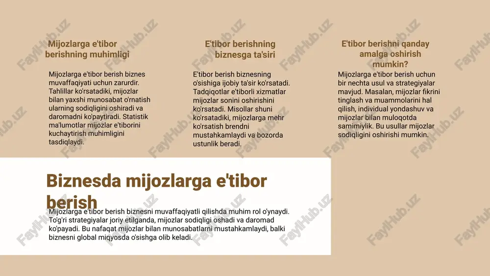 va e'tibor, mijozlarning fikrlarini tinglashni talab qiladi, bu esa biznesning obro'sini oshiradi. mijozlar bilan ish olib borish usullari mijozlar bilan muvaffaqiyatli ish olib borish uchun o'zaro hurmat va e'tibor nihoyatda muhimdir. ushbu tamoyillar mijozlar bilan uzoq muddatli va ishonchli aloqalar o'rnatishda yordam beradi. ularni amalda qo'llash orqali hamkorlikni mustahkamlash va biznes muvaffaqiyatini oshirish mumkin. mijozlarni hurmat qilish uchun ularning fikrlarini tinglash, ehtiyojlarini tushunish va ularga mos xizmat ko'rsatish muhimdir. bu o'zaro hurmatni mustahkamlashga yordam beradi. amalda o'zaro hurmat va e'tiborni qo'llash uchun mijozlar bilan ochiq muloqot qilish, muammolarni hal qilishda halollik va ochiqlik ko'rsatish lozim. mijozlar bilan samarali aloqalar o'rnatish uchun doimiy muloqot, ular bilan muntazam aloqada bo'lish va ular uchun individual yondashuvni ta'minlash tavsiya etiladi. o'zaro hurmatni rivojlantirish strategiyalari o'zaro hurmatni rivojlantirish biznes muvaffaqiyatining kalitidir. bu strategiyalar mijozlar va jamoa a'zolari bilan munosabatlarni yaxshilashga yordam beradi. o'zaro hurmatni va e'tiborni kuchaytirish uchun quyidagi qadamlar muhim: - muloqotda ochiqlik va …