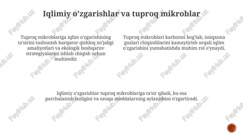 kni kamaytiradi. xulosa. tuproq mikroorganizmlar jamoalarini tushunish barqaror qishloq xo'jaligi va atrof-muhitni boshqarish uchun juda muhim. tuproq mikroblari ozuqa moddalar aylanishida, o'simlik o'sishi va tuproq salomatligida muhim rol o'ynaydi. ilg'or molekulyar texnologiyalar tuproq mikroblari xilma-xilligi va funksiyasini o'rganish imkoniyatlarimizni inqilob qildi. tuproq ekosistemasi tuproq hayotga to'la murakkab ekosistem bo'lib, unda bakteriyalar, zamburug'lar va boshqa mikroorganizmlar mavjud. tuproq mikrobiologiyasi mikroorganizmlar bilan tuproq muhiti o'rtasidagi o'zaro ta'sirlarni o'rganadi. bu mikroorganizmlar ozuqa moddalar aylanishida, parchalanishda va o'simliklarning o'sishiga muhim rol o'ynaydi. e'tiboringiz uchun rahmat @taqdimot_robot image1.png image2.png image3.png image4.png image5.png image6.png