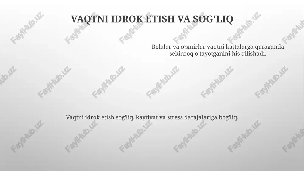 halari bilan kurashishadi. kattalar vaqtni yaxshi anglaydi, lekin bu yosh, stress va e'tibor kabi omillar ta'sirida bo'lishi mumkin. chaqaloqlar vaqtni cheklangan darajada idrok qiladi, 6-12 oyligida davomiyligini his qilishni rivojlantiradi. vaqtni idrok etish va texnologiya yosh avlodlar, ehtimol yangilik va kamroq hayot tajribasiga ko'ra, vaqtni keksa avlodlarga qaraganda sekinroq qabul qilishadi. texnologiya vaqtni idrok etishni buzib, tezkor kontent bilan tezlashtirishi va bildirishnomalar hamda ko'p vazifani bajarish bilan qisqartirish mumkin. vaqtni idrok etish sub'ektiv boʻlib, yosh, e'tibor va hissiy holat kabi omillar ta'sirida boʻladi. e'tiboringiz uchun rahmat @taqdimot_robot image1.png image2.png image3.png